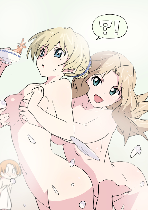 !? 3girls bitto_(arnagle) blonde_hair blue_eyes blush braid breasts brown_hair completely_nude convenient_censoring cup darjeeling female french_braid from_side girls_und_panzer groin groping hair_between_eyes holding holding_cup holding_towel kay_(girls_und_panzer) large_breasts long_hair looking_at_viewer medium_breasts multiple_girls navel nose_blush nude o_o orange_pekoe saucer short_hair smile standing standing_on_one_leg sweatdrop tea teacup thighs towel triangle_mouth water_drop white_background yuri