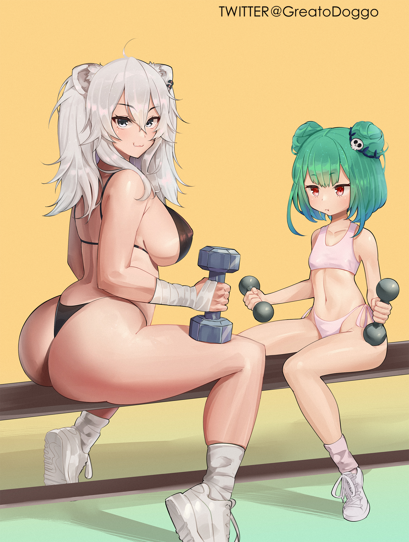:3, 2girls, animal ears, ass, bandaged arm, bandages, bangs, bench, bikini, black bikini, blue hair, bra, breasts, dumbbell, ear piercing, exercise, eyebrows visible through hair, fang out, female, gradient hair, greatodoggo, green hair, grey eyes, grey hair, hair between eyes, highleg, highleg bikini, highleg panties, highres, hololive, hololive fantasy, hololive gen 5, hololive japan, large breasts, lion ears, lion girl, long hair, looking at another, looking at viewer, looking back, micro bikini, multicolored hair, multiple females, multiple girls, navel, oerba yun fang, panties, piercing, pink bra, pink panties, red eyes, shishiro botan, shoes, short hair, side-tie bikini, sideboob, sitting, skindentation, sneakers, sports bra, stomach, string bikini, swimsuit, tiptoes, twitter username, two side up, underwear, uruha rushia, virtual youtuber, weights, white footwear, yellow background