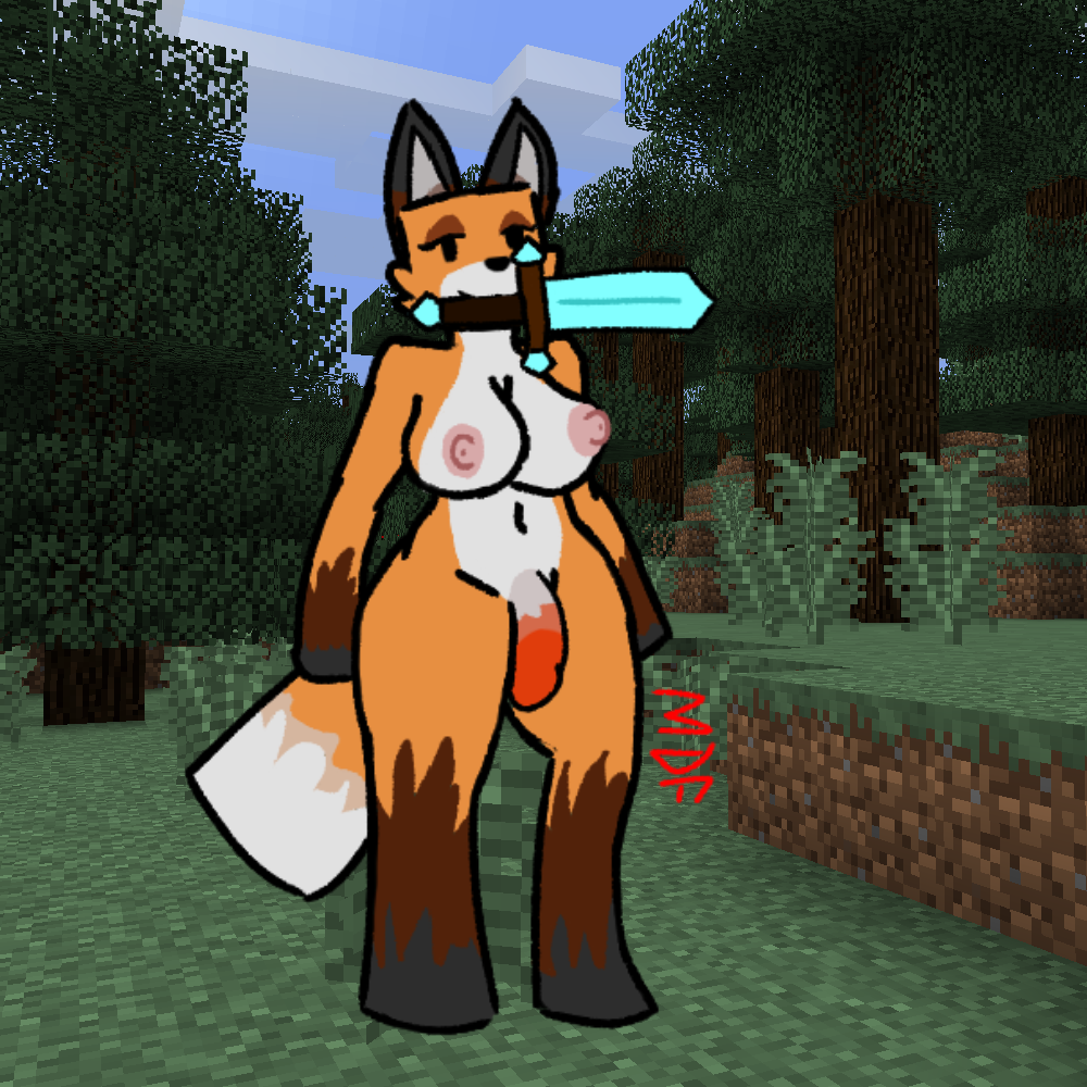 anthro ass big_breasts big_butt breasts canid canine fox fox_(minecraft) futa_only gynomorph herm intersex mammal mattydracofoxo melee_weapon microsoft minecraft mojang solo sword sword_in_mouth video_games weapon xbox_game_studios