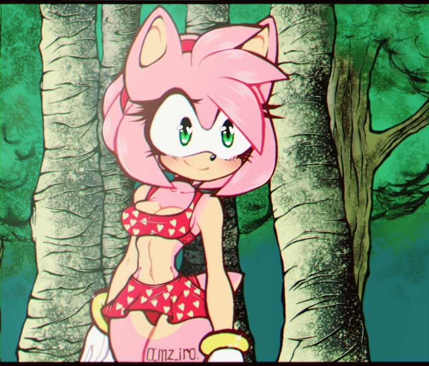 1girls, amy rose, anthro, bikini, breasts, female, pink fur, pink hair, redraw, small breasts, solo, sonic (series), sonic x
