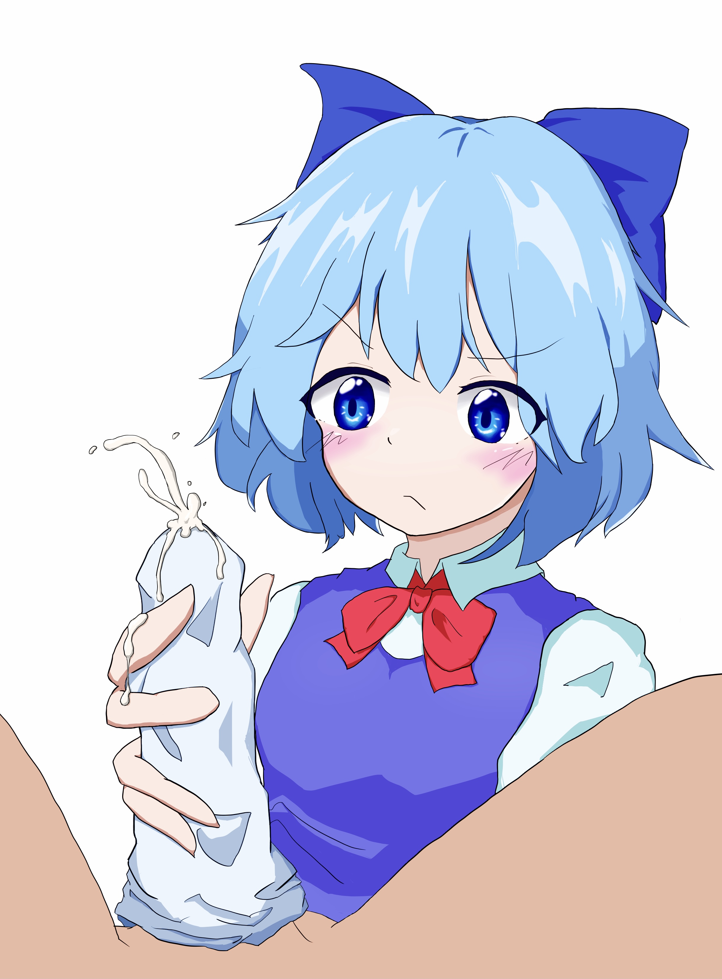 1boy, 1girls, blue eyes, blue hair, bowtie, cirno, cock sock, cum, cum on hand, cum through clothes, ejaculation, female, handjob, male, penis, ribbon, ribbons, short hair, simple background, sockjob, straight, touhou