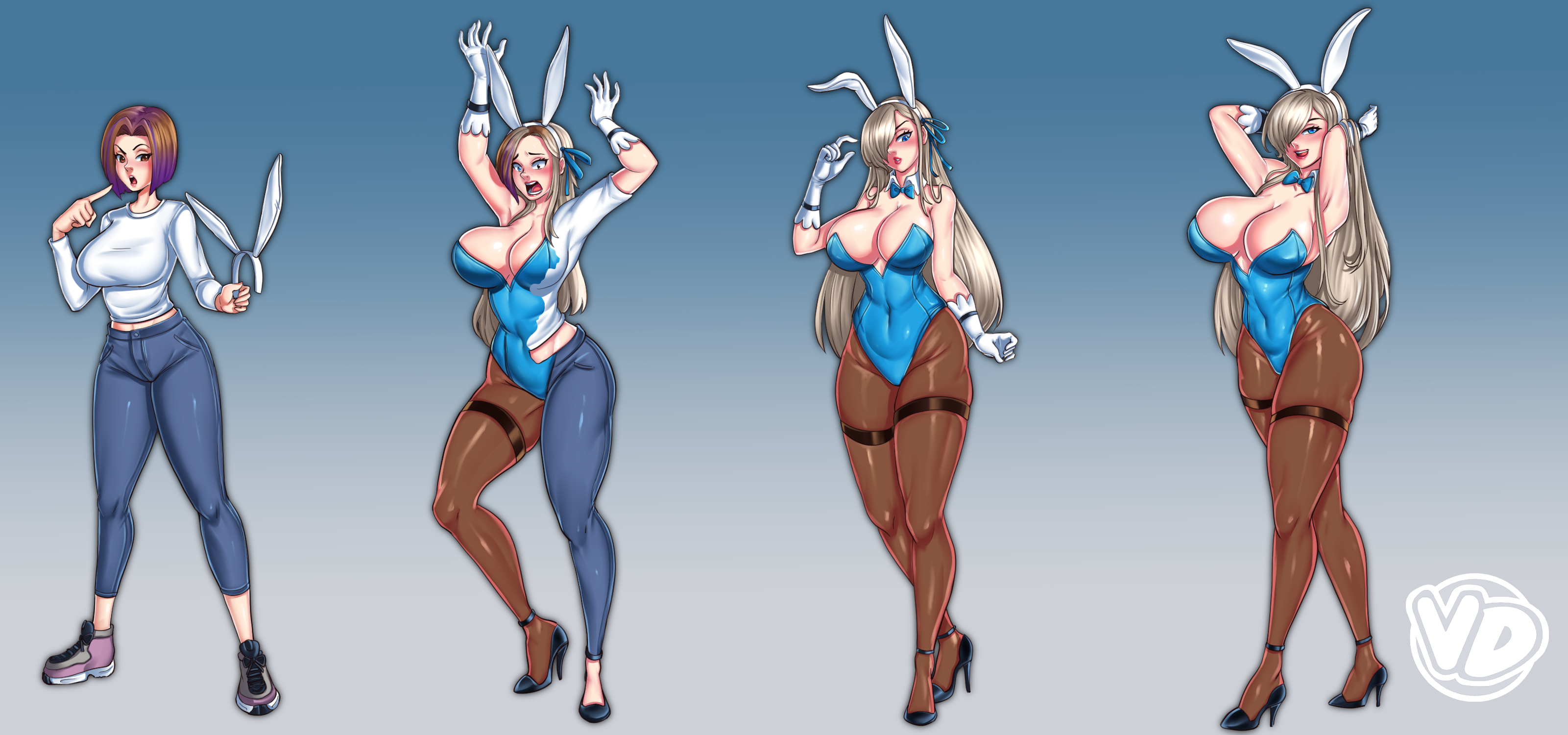 ass, ass expansion, asuna (blue archive), asuna (bunny) (blue archive), bimbo, bimbo body, bimbofication, blue archive, breast expansion, breast growth, breast growth (enlargement), breasts, bunny ears, bunnysuit, covered navel, eye color change, female, hair color change, hair growth, high heels, huge ass, huge breasts, identity death, lip expansion, takeover, thick thighs, transformation, transformation sequence, vedtomd, wide hips