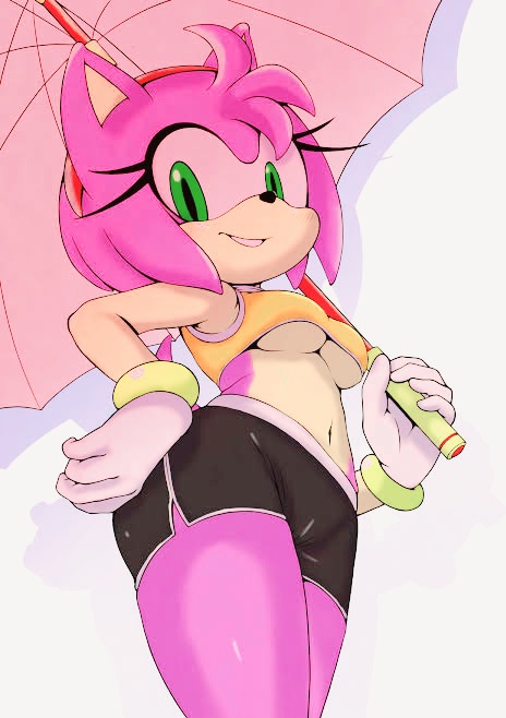 1girls, amy rose, anthro, beach, breasts, clothed, clothing, female, fur, furry, furry only, low-angle view, michiyoshi, pink fur, pink hair, sonic (series), sportswear, underboob