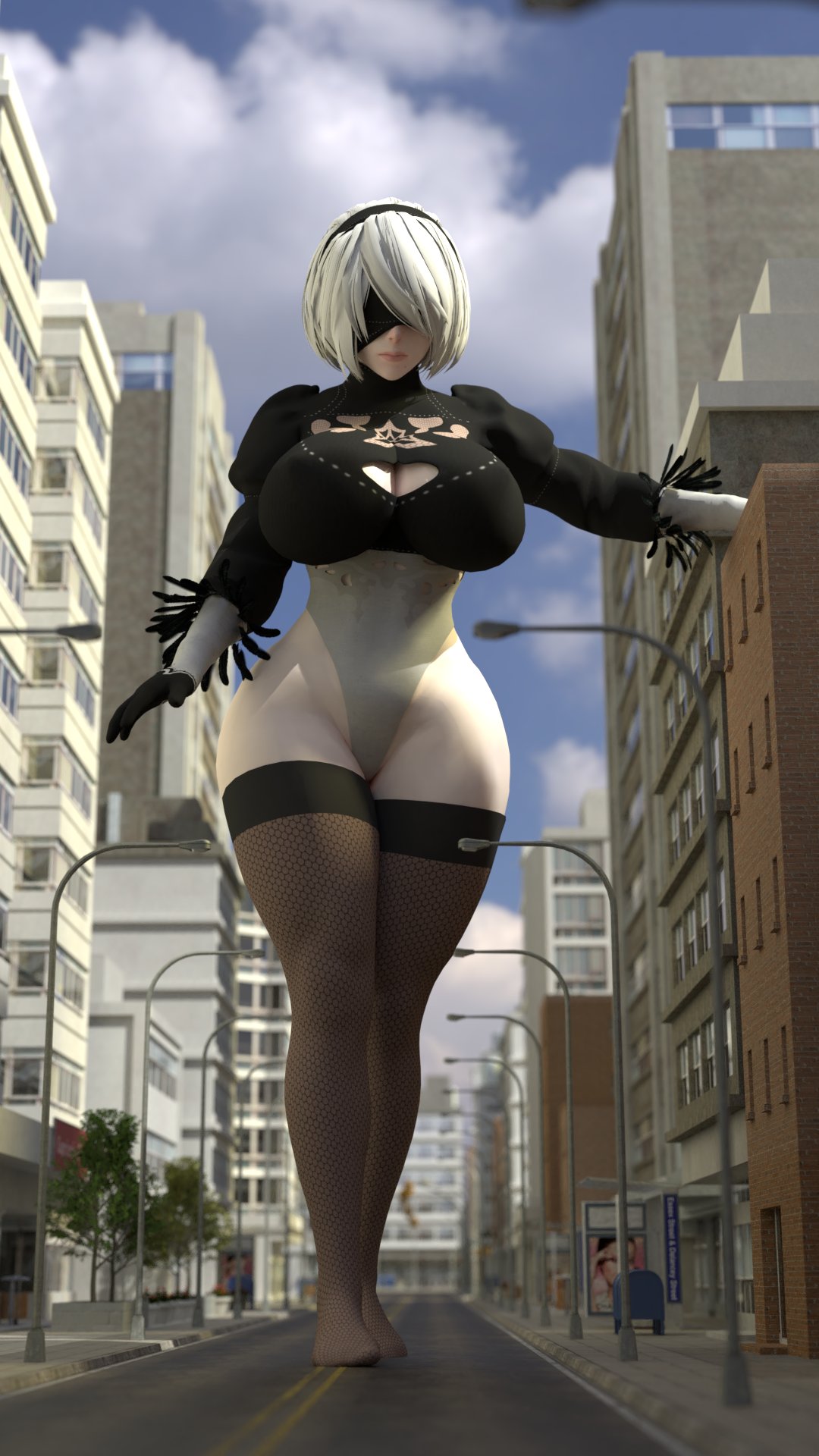 1girls 3d big_breasts blindfold breasts city clothing female female_only giantess hairband huge_breasts ilikebigmikus light-skinned_female light_skin macro nier nier:_automata solo solo_female standing thick_thighs thighhighs white_hair wide_hips yorha_2b