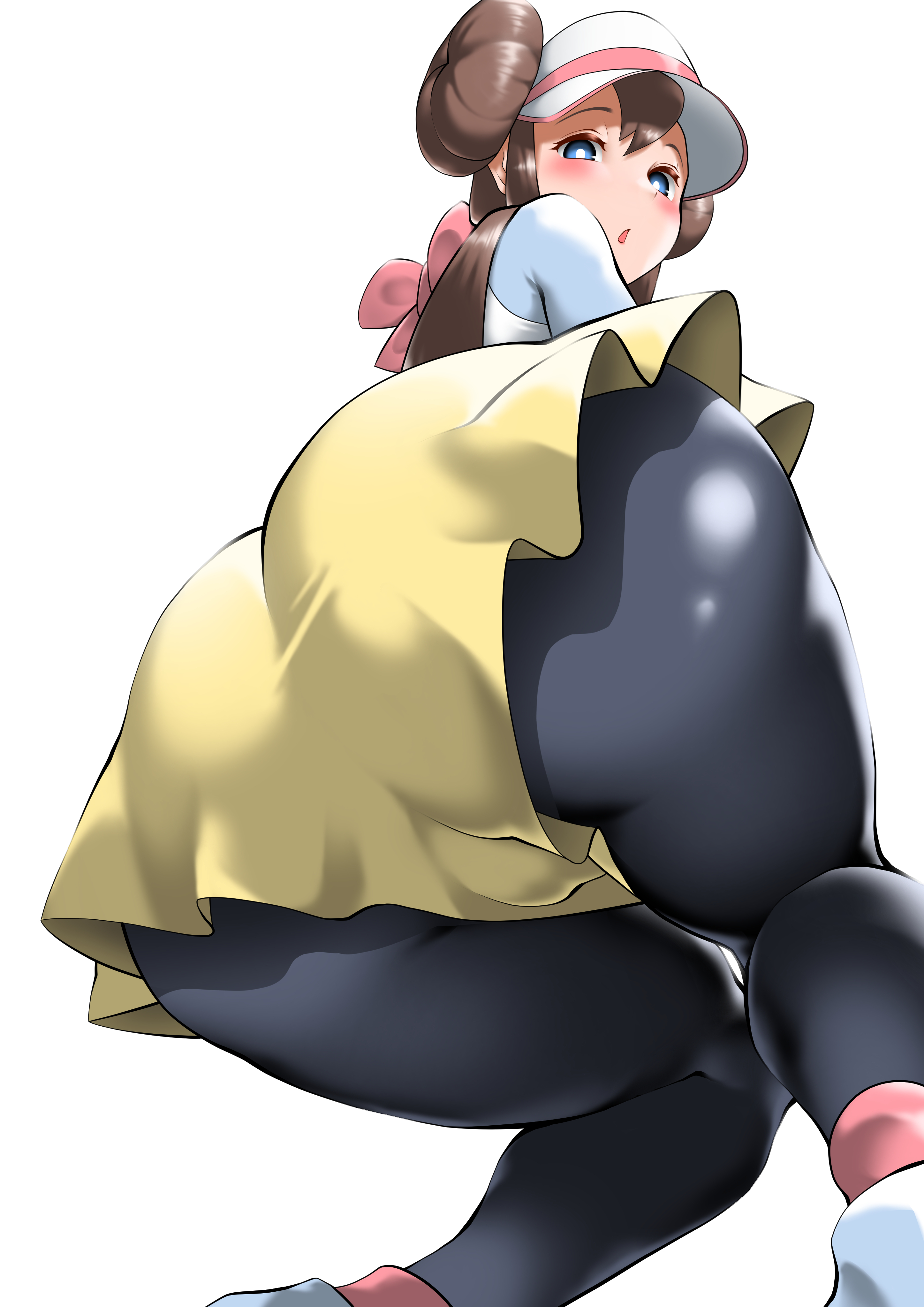 1girls, ass, big ass, blue eyes, brown hair, cap, double bun, eye contact, female, huge ass, looking at viewer, looking down, nintendo, pantyhose, pantyhose under shorts, pantyhose under skirt, pokemon, pokemon bw2, rosa (pokemon), shorts, skirt, solo, thick thighs, toba tsutsumi, twintails, yellow shorts, yellow skirt