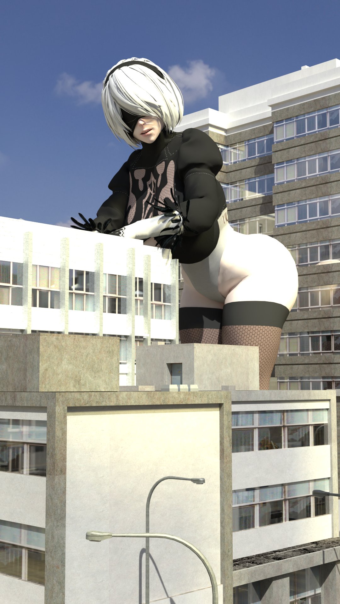 1girls 3d ass big_ass blindfold breasts city female female_only giantess hairband huge_ass ilikebigmikus light-skinned_female light_skin macro nier nier:_automata solo solo_female thick_thighs thighhighs white_hair wide_hips yorha_2b