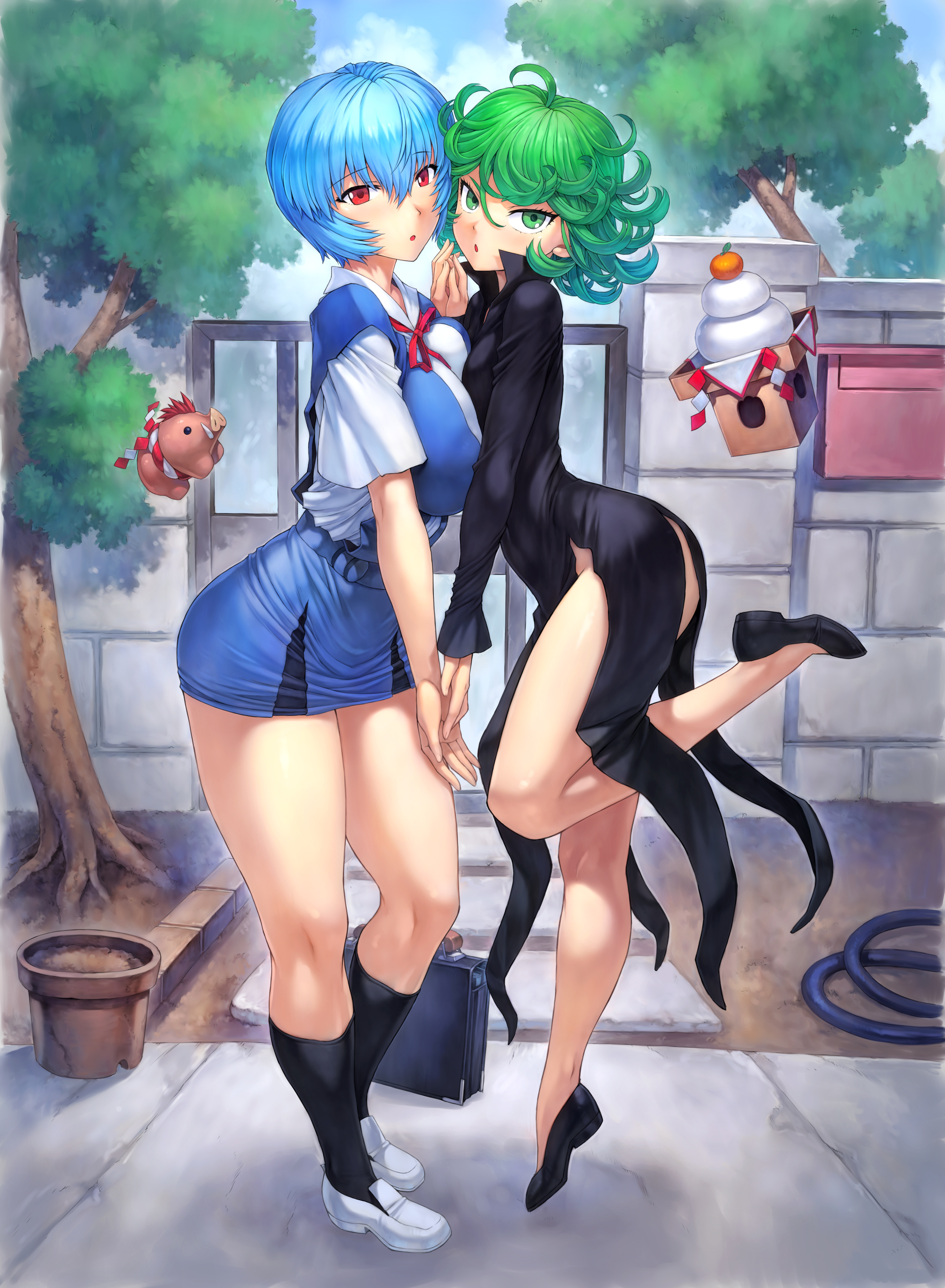 2girls, ass, big breasts, blue hair, breasts, clothing, crossover, dress, duo, female, female only, flats, green hair, human, large breasts, legs, light skin, light-skinned female, looking at viewer, mogudan, multiple females, multiple girls, neon genesis evangelion, one-punch man, pale skin, pale-skinned female, red eyes, rei ayanami, school uniform, short hair, skirt, superheroine, tatsumaki, thick thighs, wide hips