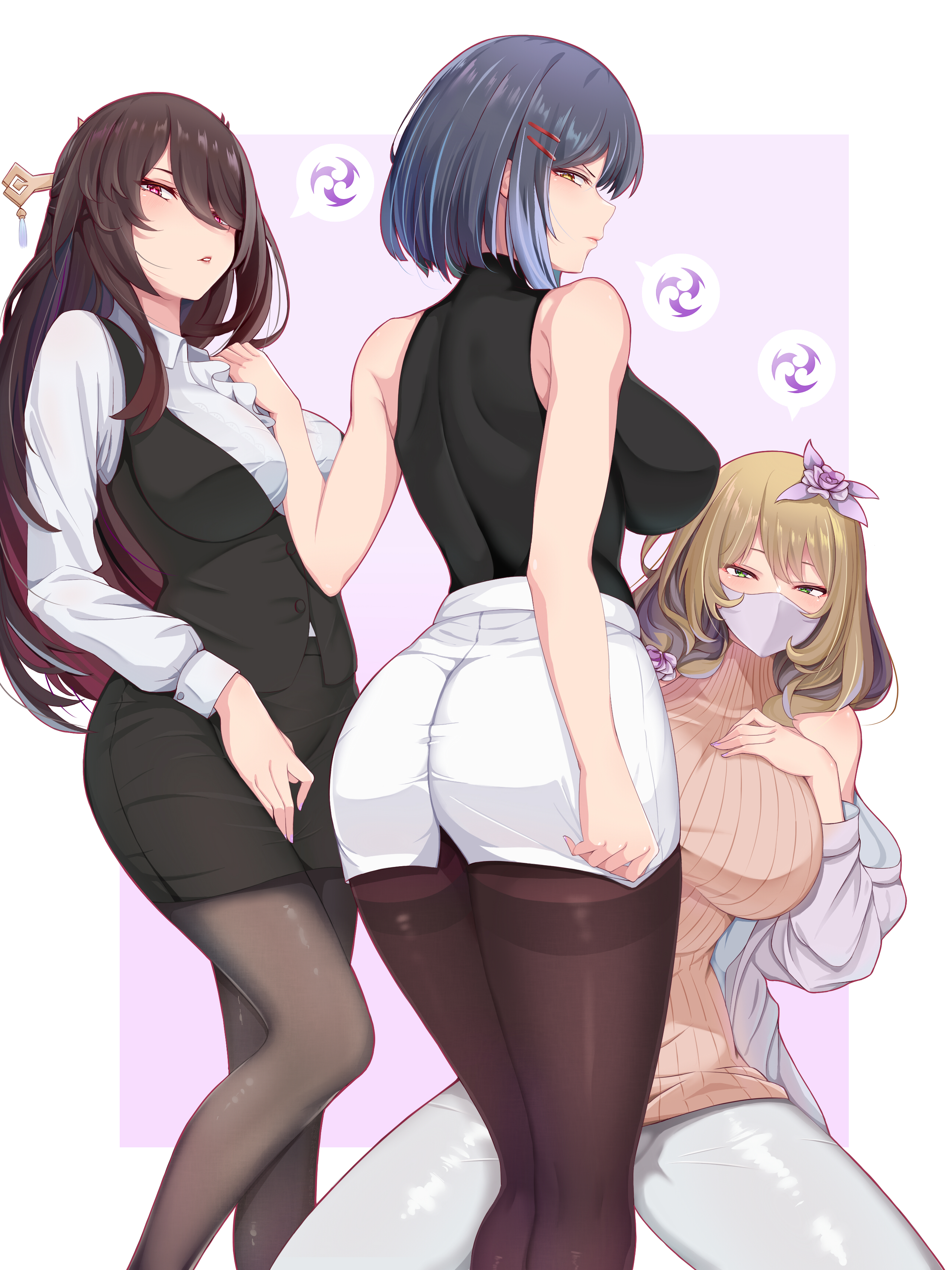 3girls, ass, beidou (genshin impact), breasts, facemask, female, genshin impact, kujou sara, lisa (genshin impact), mask, potato h, sleeveless, sleeveless shirt, sleeves