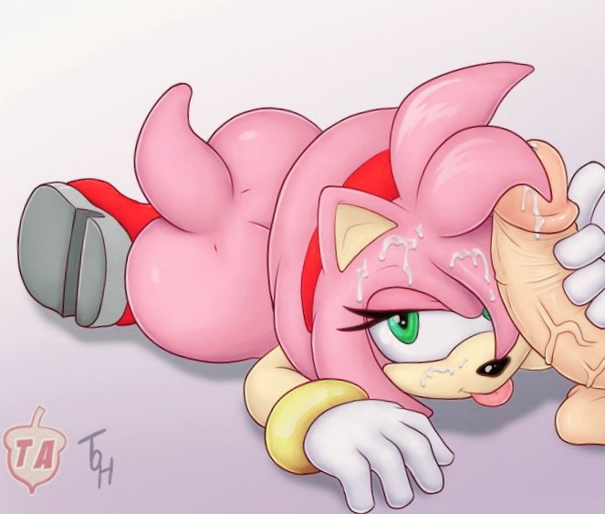 1boy, 1girls, after fellatio, amy rose, anthro, ass, completely nude, cum, cum on face, facial, female, flat chest, flat chested, fur, furry, grabbing penis, green eyes, hedgehog, human on anthro, interspecies, looking at viewer, lying down, male, nude, penis, penis on face, pink fur, pink hair, seductive, sonic (series), sonic the hedgehog (series), teenage female, teenager, the other half, tongue, tongue out, white gloves, young