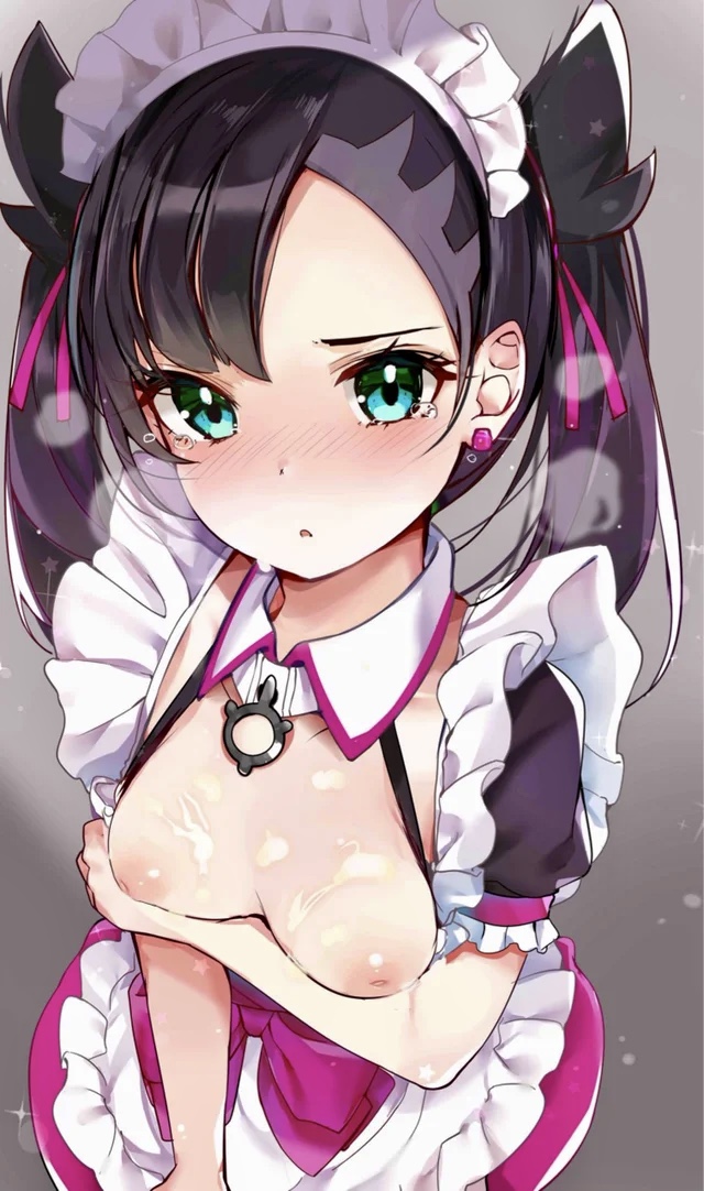 :o, 1girls, apron, black hair, blush, breasts, breasts out, cum, cum on body, cum on breasts, cum on upper body, earrings, female, female only, green eyes, human, inverted nipples, long hair, looking at viewer, maid, maid apron, maid headdress, marnie (pokemon), medium breasts, nintendo, pokemon, pokemon ss, rouka (akatyann), solo, solo female, tearing up