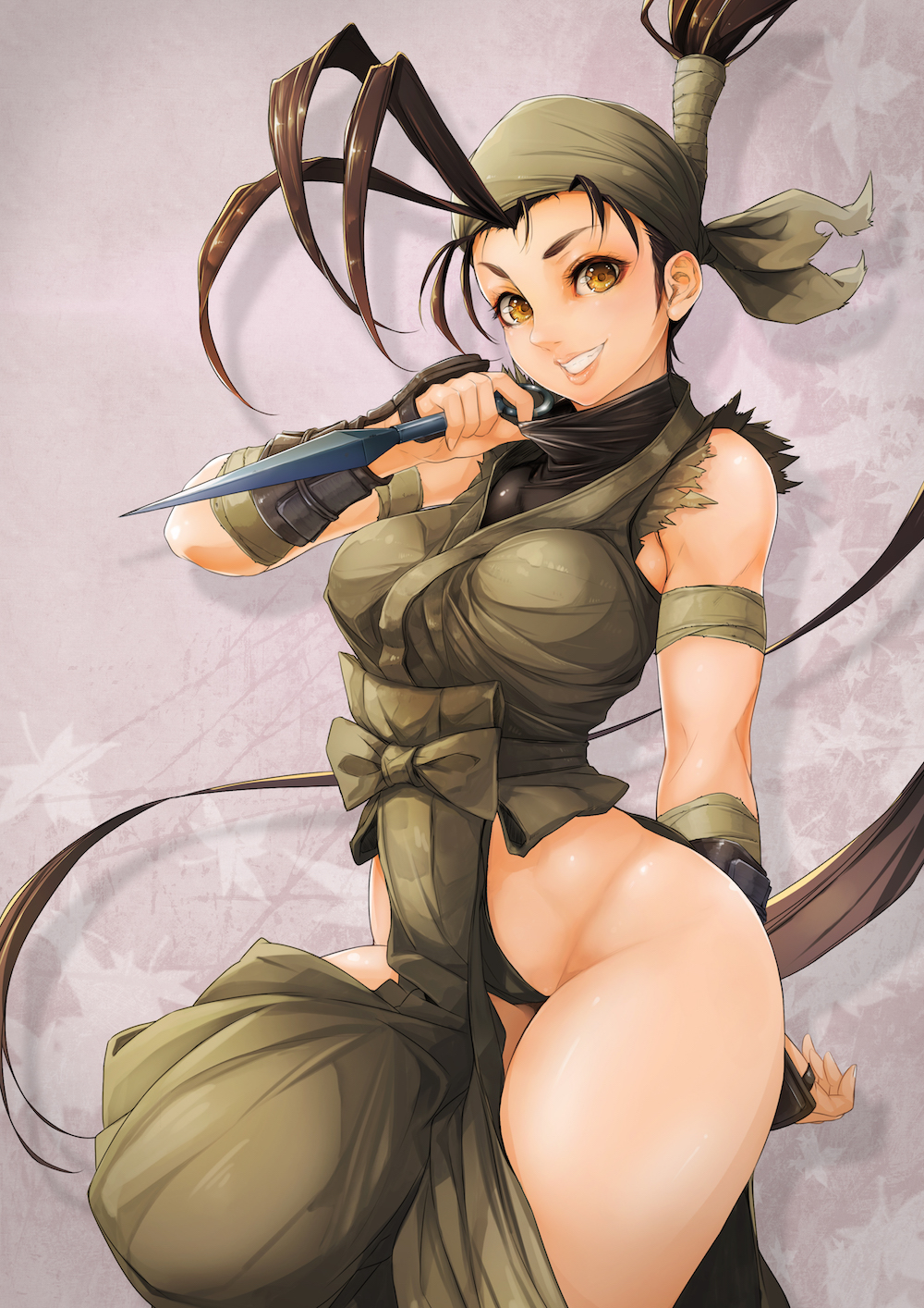 1girls antenna_hair bandana breasts brown_eyes brown_hair capcom female grin highleg highleg_leotard highres hip_vent ibuki_(street_fighter) kunai leotard lips long_hair maru-pen matching_hair/eyes medium_breasts ninja no_panties only_female reverse_grip smile solo street_fighter street_fighter_iii street_fighter_iii:_3rd_strike street_fighter_iii_(series) thighs very_long_hair weapon