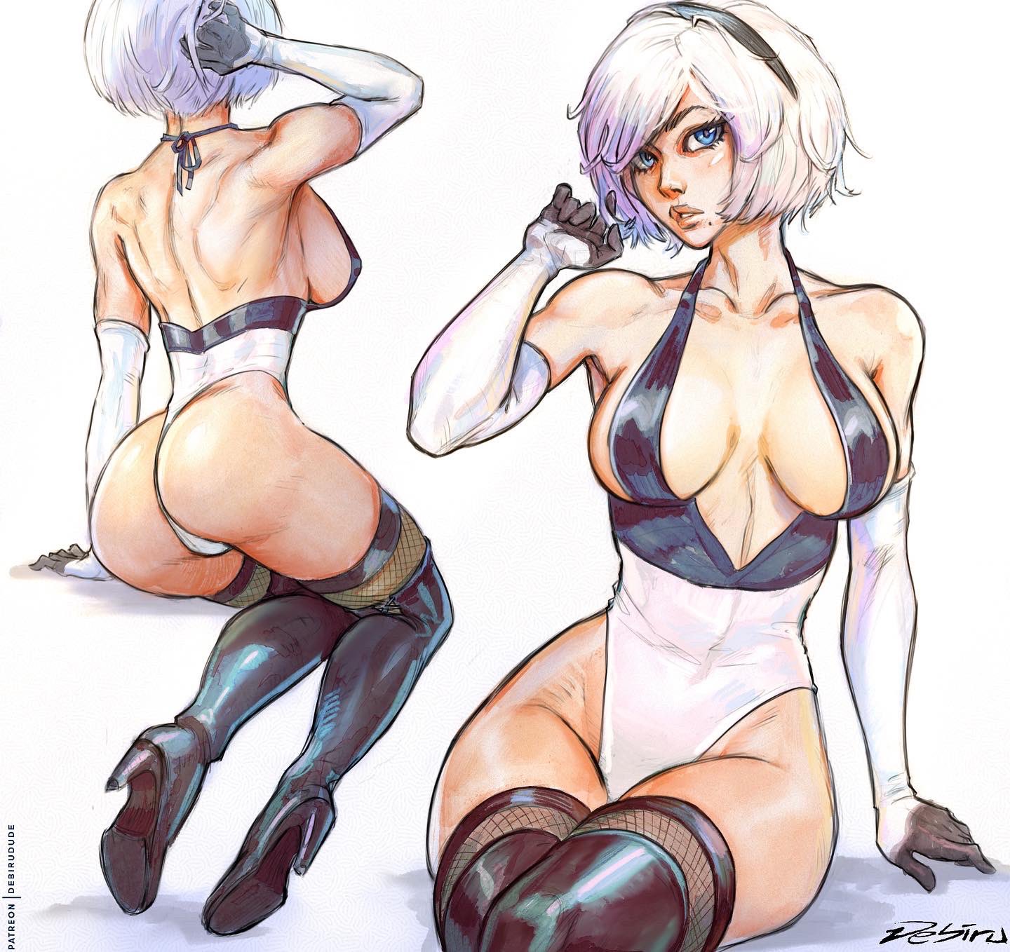 1girls, breasts, busty, debirudude, female, female focus, female only, hourglass figure, nier (series), nier: automata, pose, posing, short hair, sitting, solo, tagme, thigh boots, white background, white hair, wide hips, yorha 2b