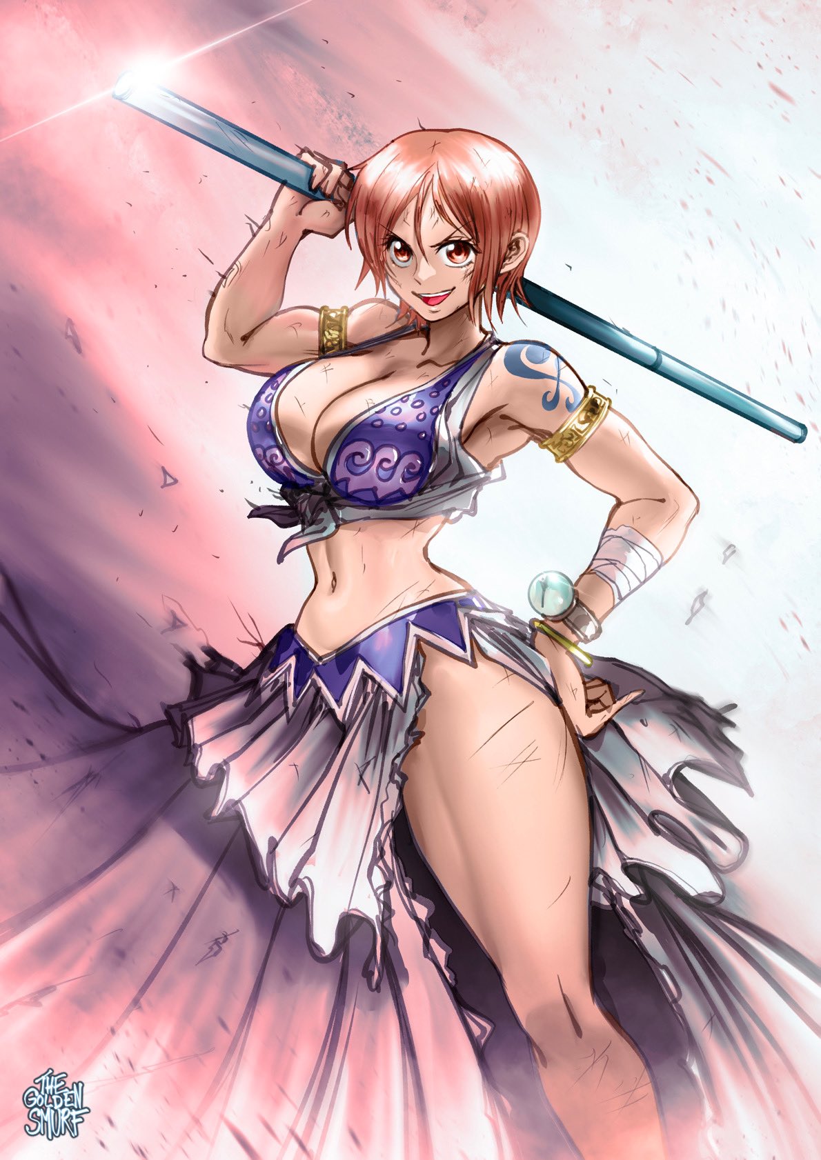1girls, arabasta saga, arabian clothes, arm tattoo, armlet, athletic, athletic female, belly dancer, belly dancer outfit, big breasts, blue tattoo, breasts, cleavage, clima-tact, clothing, dancer outfit, female, female human, female only, fit, fit female, hand on hip, harem girl, harem outfit, hi res, human, large breasts, light skin, light-skinned female, log pose, looking at viewer, medium hair, nami (classic), nami (one piece), one piece, orange eyes, orange hair, orange-haired female, pose, pre-timeskip, slim waist, smile, smiling at viewer, solo, solo female, staff, tattoo, tattoo on arm, tattooed arm, thegoldensmurf, thick thighs, toned, toned female, wide hips