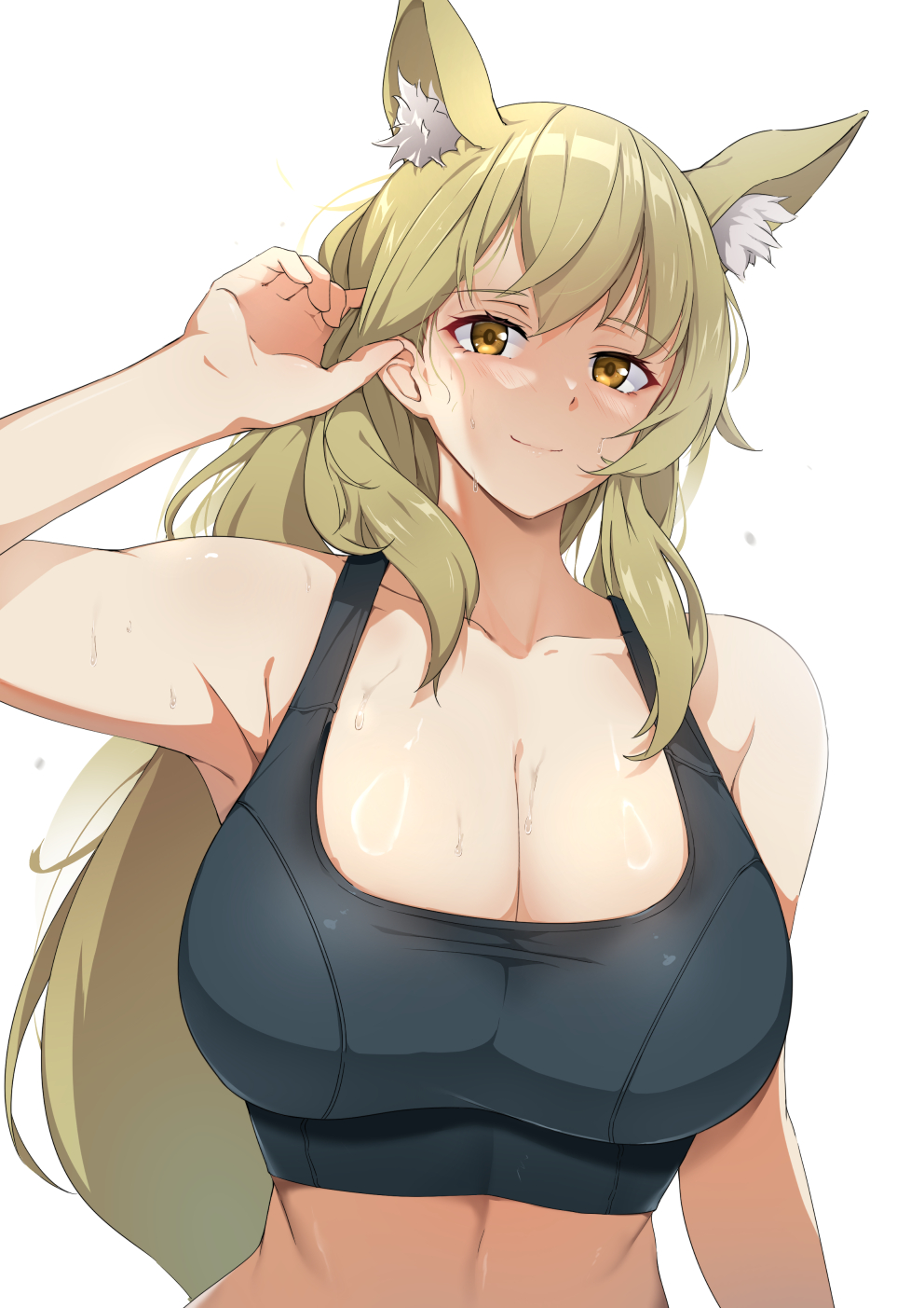 1girls, 2021, animal ear fluff, animal ears, arknights, arm up, armpits, bare shoulders, big breasts, blonde hair, breasts, cleavage, female, female only, high resolution, holding hair, long hair, looking at viewer, multi ear, nearl (arknights), simple background, smile, sports bra, sweat, sweatdrop, white background, xperiajoker, yellow eyes