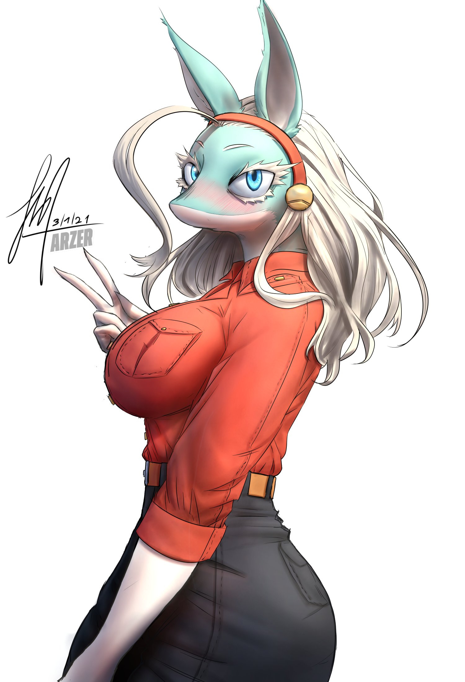 1girls, anthro, arzer, ass, big ass, big breasts, blonde hair, blue body, blue eyes, blue fur, blushing, breasts, clothed, clothed female, female, furry, ippan josei, looking at viewer, mutant lady (my hero academia), my hero academia, peace sign, seductive, sfw, simple background, solo female, two-tone body, two-tone fur, v sign, white background, white body, white fur, white hair