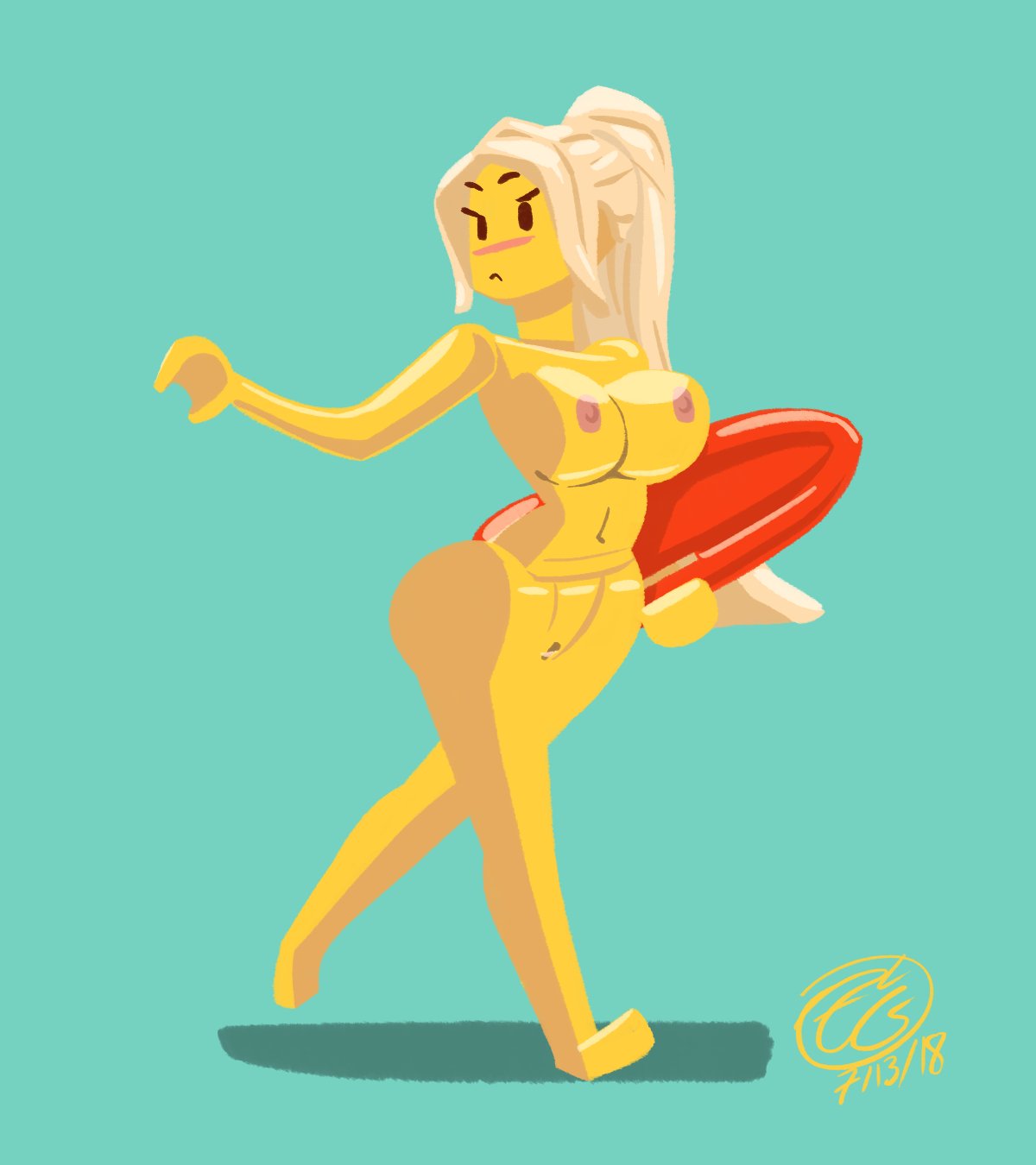 2018 alternate_version_at_source animate_inanimate blonde_hair blush breasts female full-length_portrait genitals green_background hair hi_res humanoid lego lego_anatomy lego_minifigures lifeguard_(lego) living_toy minifigure minifigures_series_2 nipples not_furry nude phantomthepencil portrait pussy simple_background solo walking yellow_body