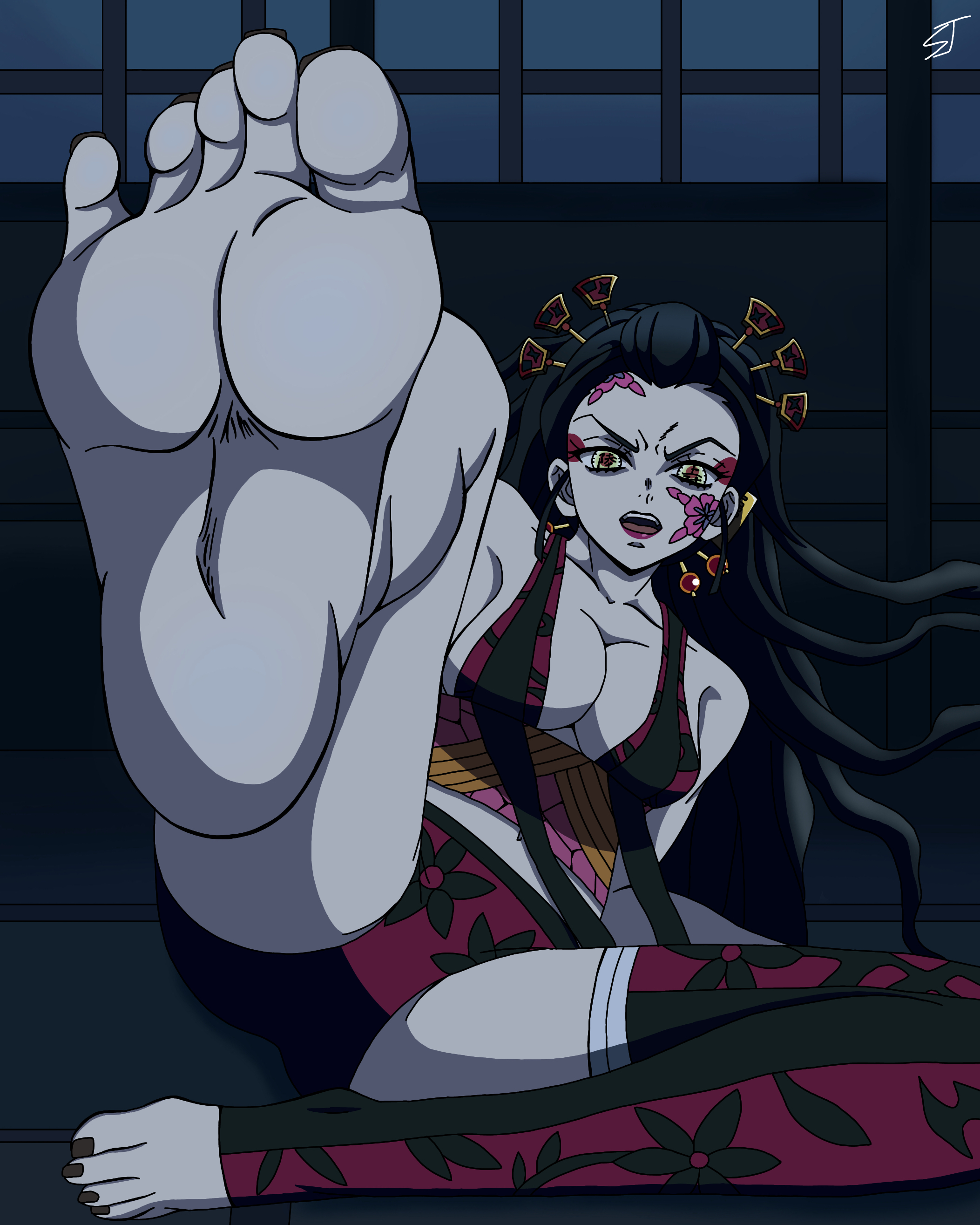 artist request, barefoot, black hair, black toenails, cleavage, daki (kimetsu no yaiba), demon, demon girl, demon slayer, eyeshadow, facial markings, feet, female, female only, foot fetish, foot focus, fully clothed, grey skin, hair ornament, kimetsu no yaiba, lingerie, long hair, looking at viewer, obi, open mouth, revealing clothes, señorjesus, single thighhigh, soles, solo, toeless legwear, toenail polish