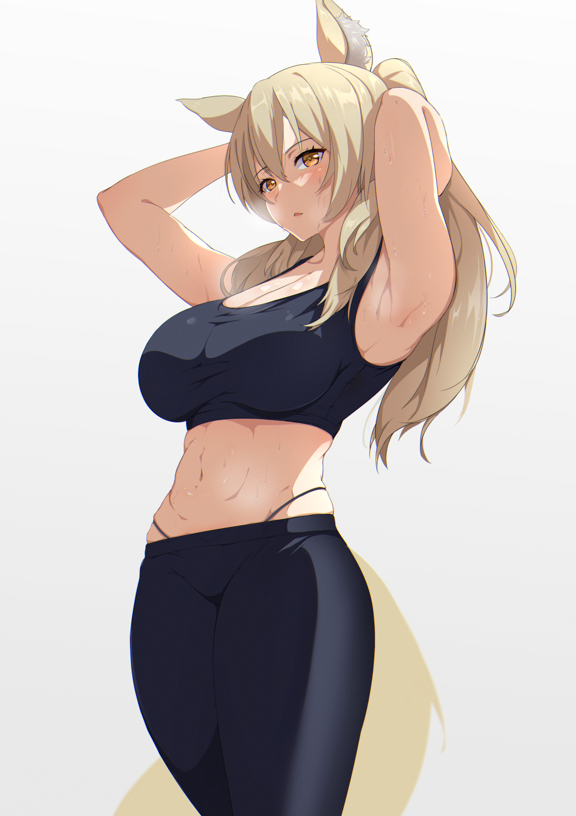 1girls, 2021, abs, animal ears, arknights, armpits, arms behind head, bare shoulders, belly, blonde hair, breasts, cleavage, female, female only, high resolution, navel, nearl (arknights), ponytail, simple background, sports bra, sportswear, steaming body, sweat, tail, thick thighs, thighs, tied hair, tight fit, tight pants, xperiajoker, yellow eyes, yoga pants