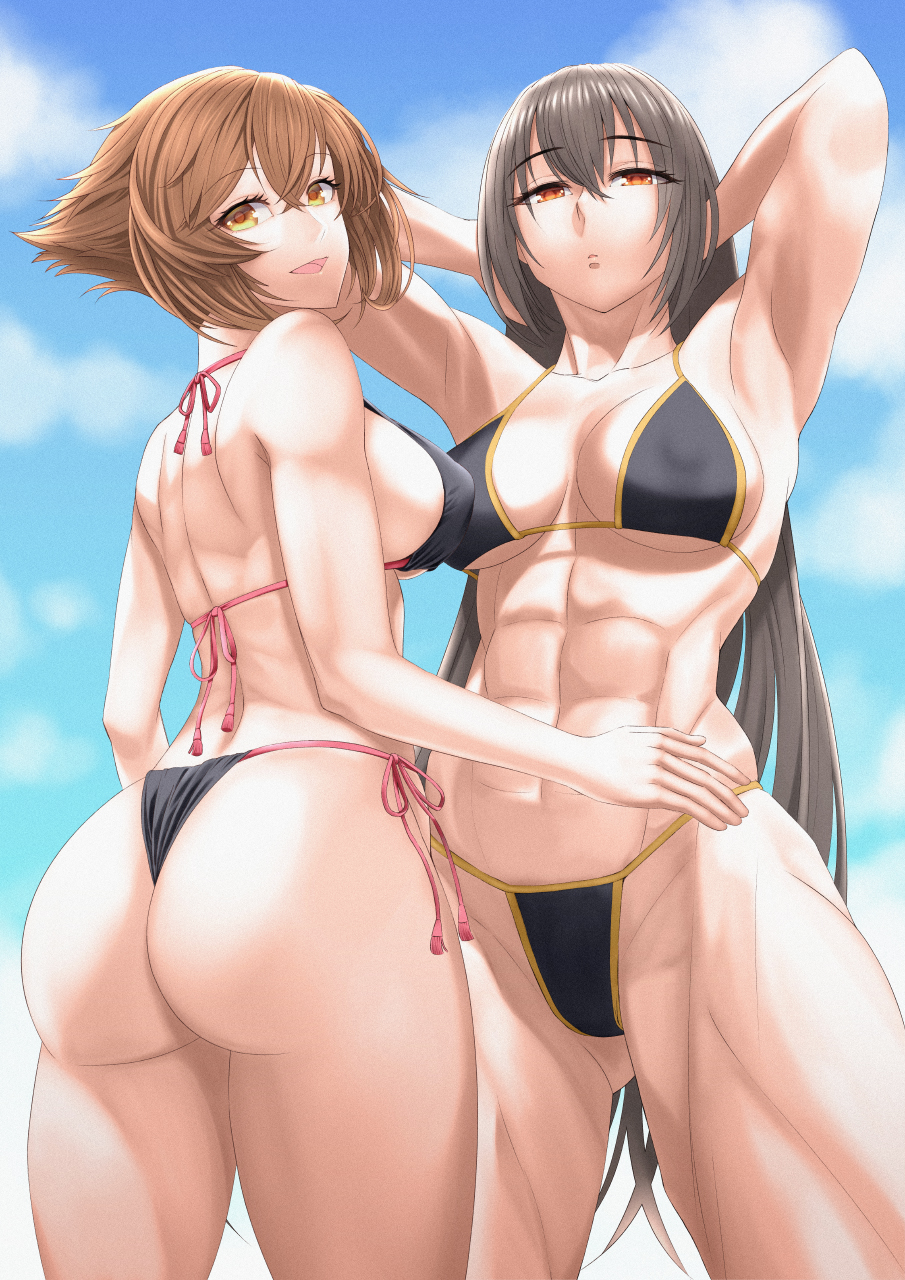 2girls abs alternate_costume ass bikini black_bikini black_hair breasts brown_eyes brown_hair flipped_hair highres kantai_collection large_breasts long_hair multiple_girls muscular_female mutsu_(kantai_collection) nagato_(kantai_collection) red_eyes short_hair side-tie_bikini standing string_bikini swimsuit toned yuichi_(sp_sakura_yoshi)