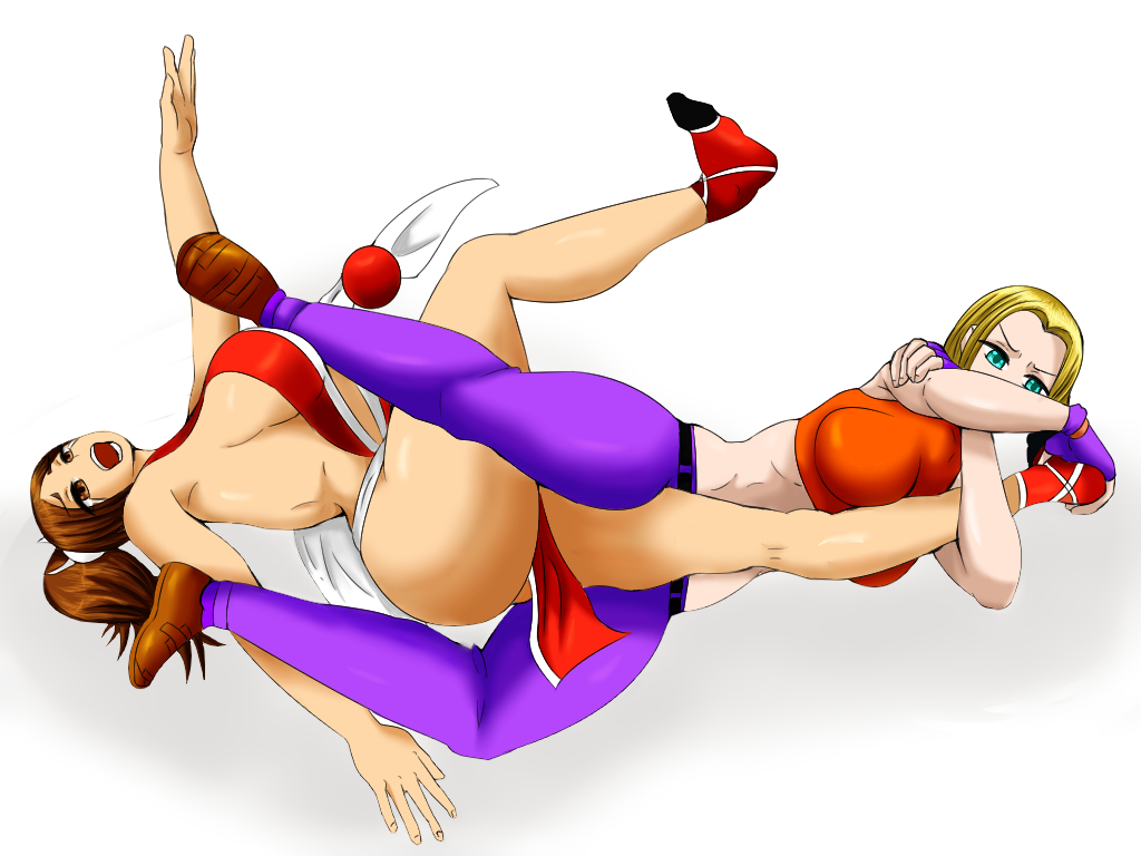 2girls big_breasts blonde_hair blue_mary breasts brown_eyes brown_hair catfight defeated domination fatal_fury female female_only femdom fighting green_eyes highres king_of_fighters large_breasts leg_grab mai_shiranui no_sex open_mouth pinned red_dress short_hair submission submission_hold submissive_female tetsunohiji thick_thighs very_long_hair wrestling wrestlingryona yuri