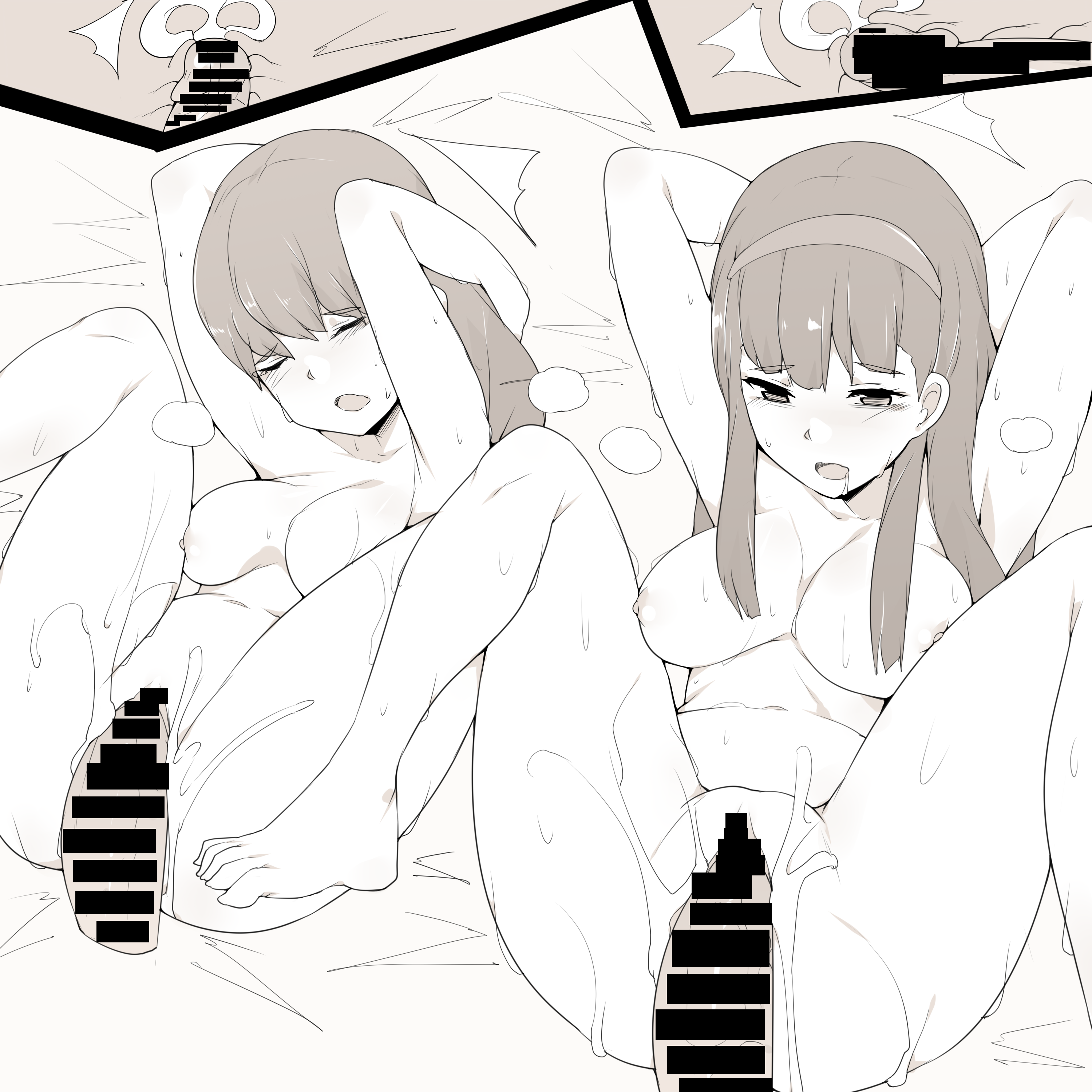 2girls, amagi yukiko, black and white, censored, cum, cum in pussy, cum inside, cum shot, doz, drooling, female, headband, kasumi yoshizawa, monochrome, persona, persona 4, persona 5, pussy, sex, skeb commission, sumire yoshizawa, sweat, vaginal penetration, x-ray