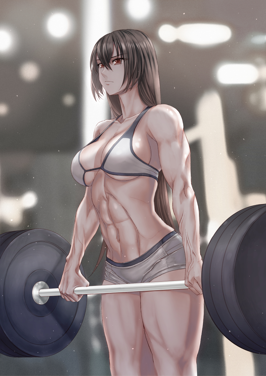 abs, alternate costume, backlighting, bangs, biceps, black hair, blurry, blurry background, breasts, ceiling light, cowboy shot, exercise, female, focused, from side, gym, highres, indoors, kantai collection, large breasts, light particles, long hair, looking ahead, muscular, muscular female, nagato (kantai collection), navel, red eyes, shiny, shiny clothes, shiny hair, shiny skin, short shorts, shorts, solo, sports bra, standing, thighs, veins, very long hair, weightlifting, white sports bra, yuichi (sp sakura yoshi)