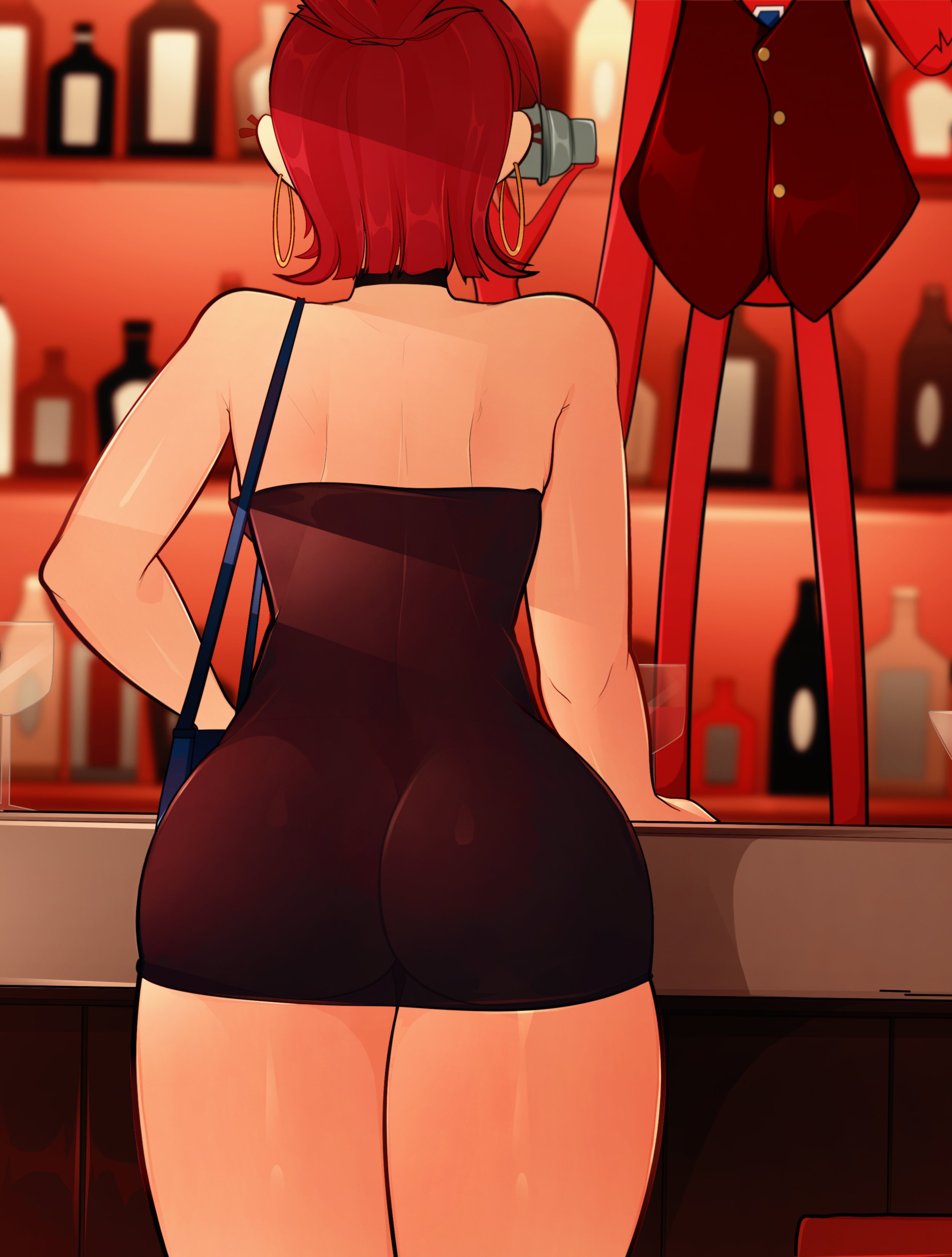 alcohol, arkeus, ass, ass focus, bar, black dress, bubble ass, bubble butt, cartoon network, choker, dress, earrings, female, female focus, foster's home for imaginary friends, frankie foster, hoop earrings, piercing, red hair, shiny skin, slim waist, thick, thick ass, thick thighs, thighs, wide hips, wilt