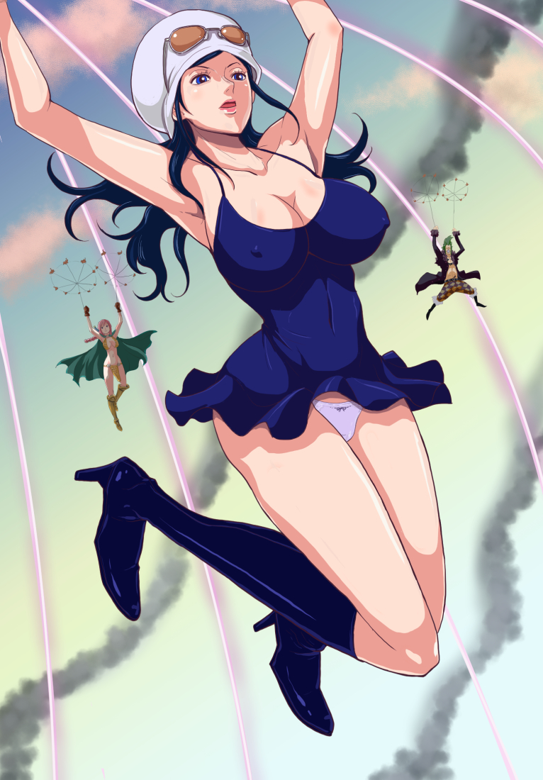 1boy 2girls armpits bartolomeo big_breasts black_hair blue_dress blue_eyes boots breast_focus breasts cleavage dress dressrosa exposed_panties eyewear_on_head female female_focus flying green_hair hat hips kakutou_oukoku large_breasts lifting_skirt light-skinned_female light_skin long_hair male nico_robin nipples one_piece panties post-timeskip post_timeskip rebecca_(one_piece) short_dress sunglasses sunglasses_on_head thick_thighs thighs visible_nipples white_panties