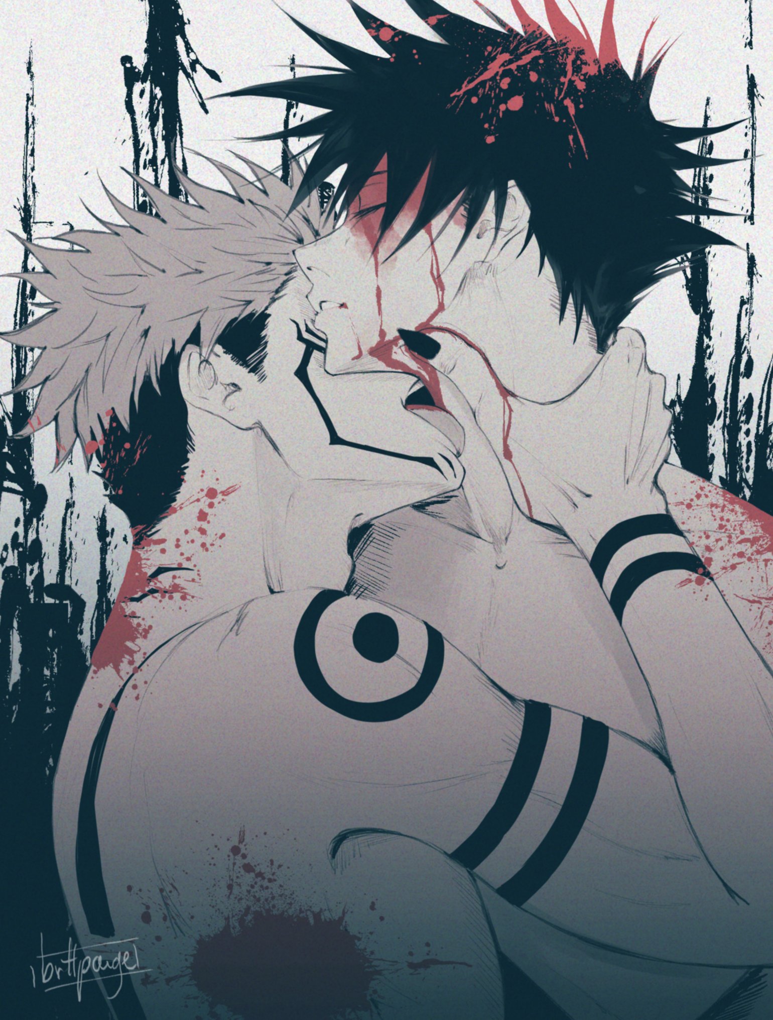 2boys, age difference, blood, fushiguro megumi, gay, jujutsu kaisen, kissing neck, male, male only, neck grab, ryoumen sukuna (jujutsu kaisen), saucybrtt, villain, yaoi