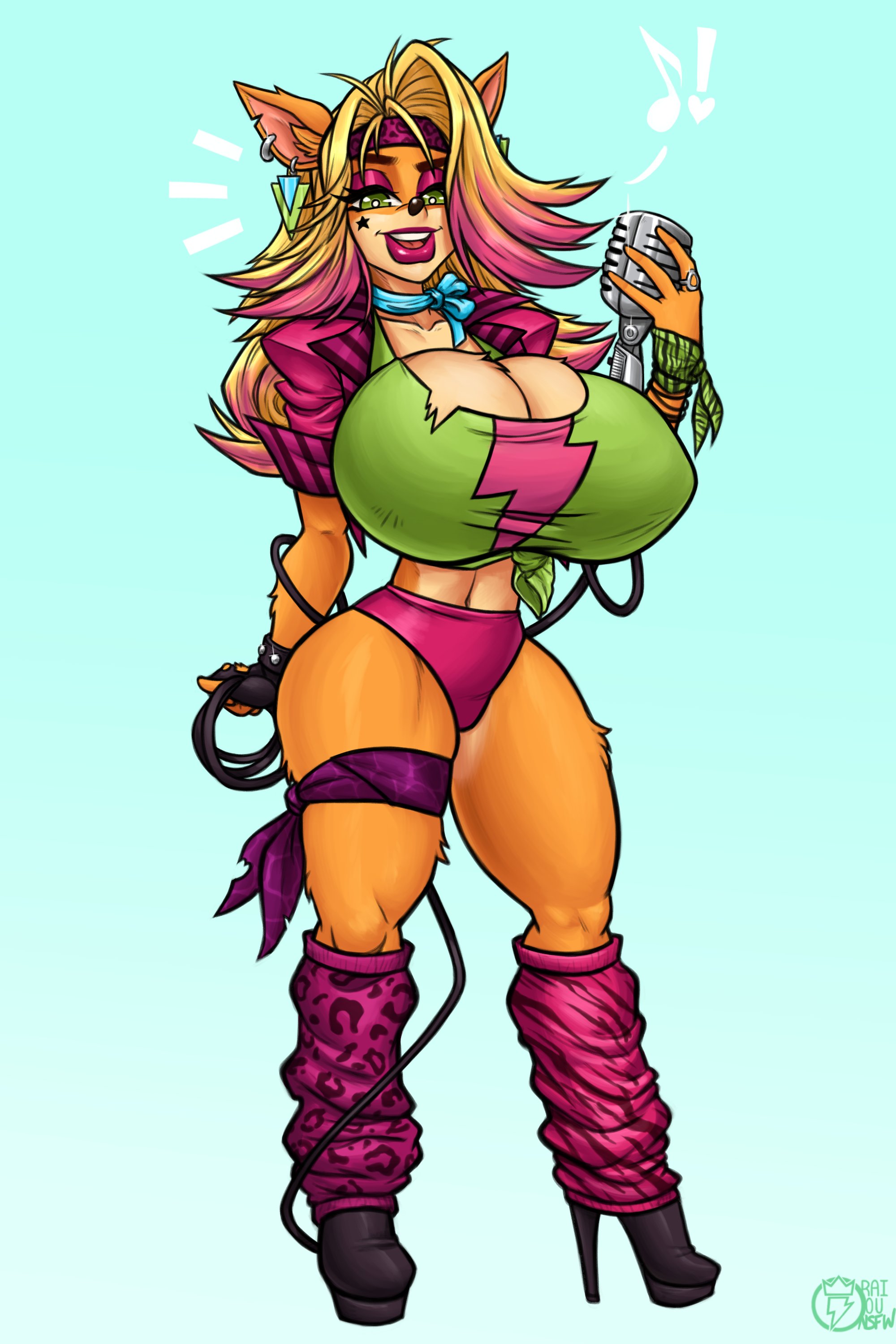 1girls, anthro, breasts, cleavage, crash (series), female, female only, furry, huge breasts, looking at viewer, raiounsfw, solo, tawna bandicoot, thick bottom lip, thick thighs, wide hips