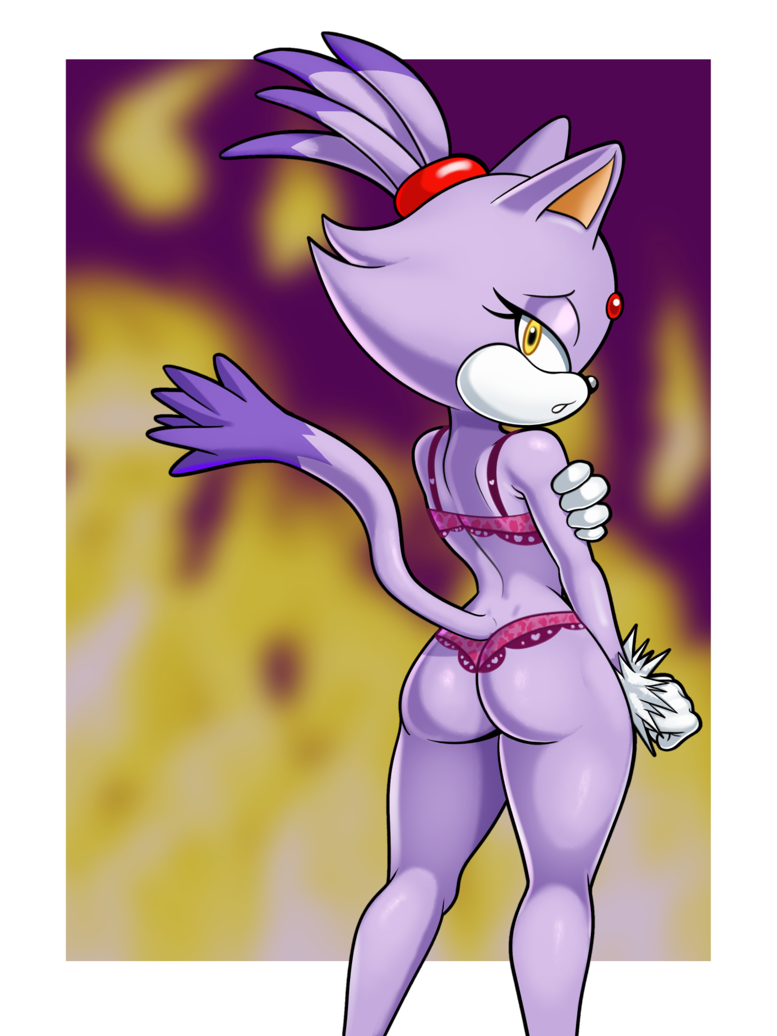 anthro, ass, blaze the cat, bra, clothing, domestic cat, felid, feline, felis, female, fire, gloves, handwear, hi res, looking at viewer, looking back, mammal, panties, rear view, sega, sleepiitreat, solo, sonic (series), sonic the hedgehog (series), underwear