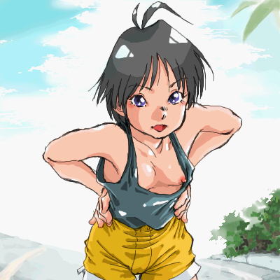 black_hair eyebrows_visible_through_hair female idolmaster kikuchi_makoto lowres makoto_kikuchi no_bra open_mouth short_hair small_breasts solo tank_top yukimura_(soxhunter)