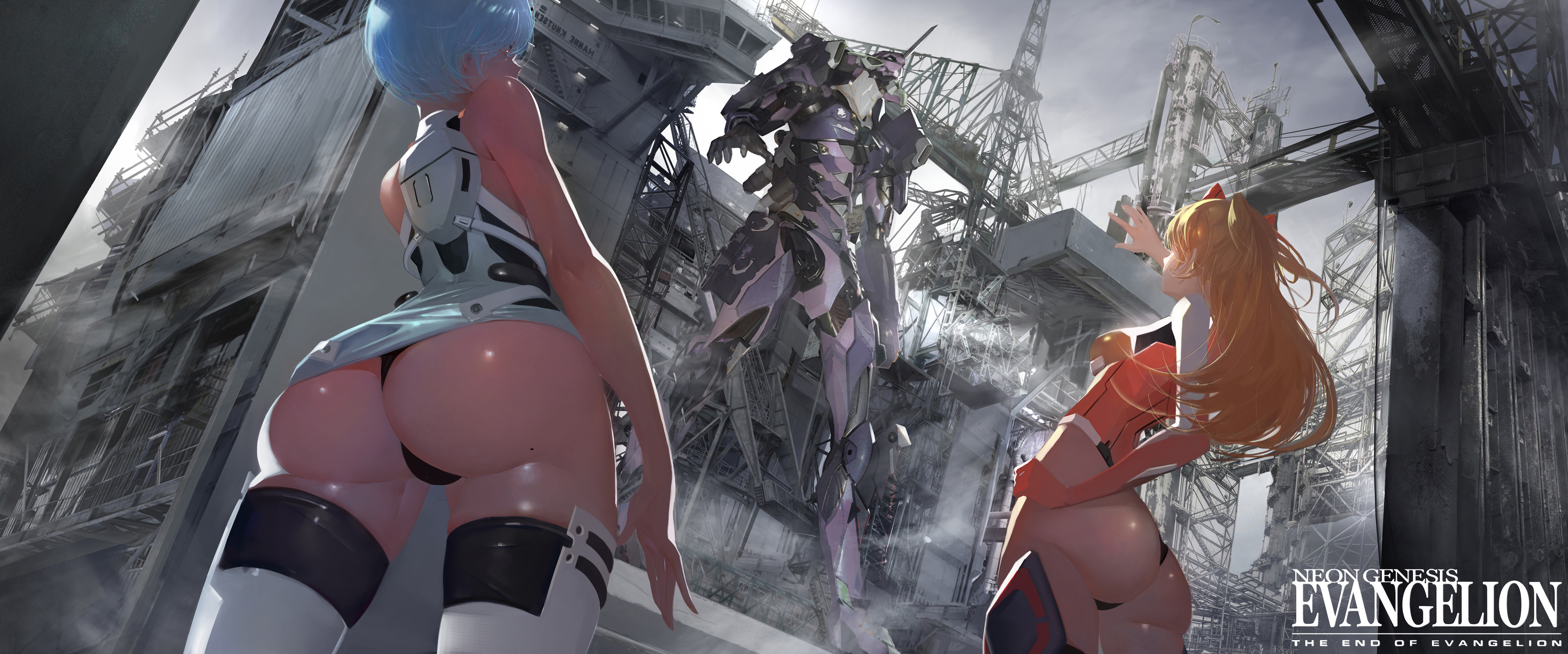 2girls, absurd res, artist request, ass, asuka langley sohryu, big ass, blue hair, breasts, clothing, female, female only, hi res, highres, human, light skin, light-skinned female, long hair, looking back, medium breasts, multiple females, multiple girls, neon genesis evangelion, orange hair, pale skin, pale-skinned female, panties, pilot suit, plugsuit, rebuild of evangelion, red eyes, red hair, rei ayanami, short hair, stockings, thighhighs, twintails