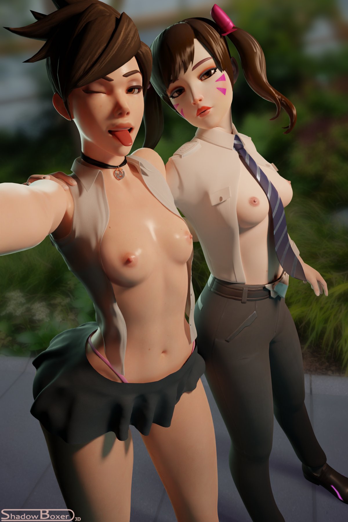 2girls, 3d, areolae, athletic, athletic female, blender, breasts, d.va, female, female only, human, looking at viewer, nipples, overwatch, selfie, shadowboxer, skirt, tracer