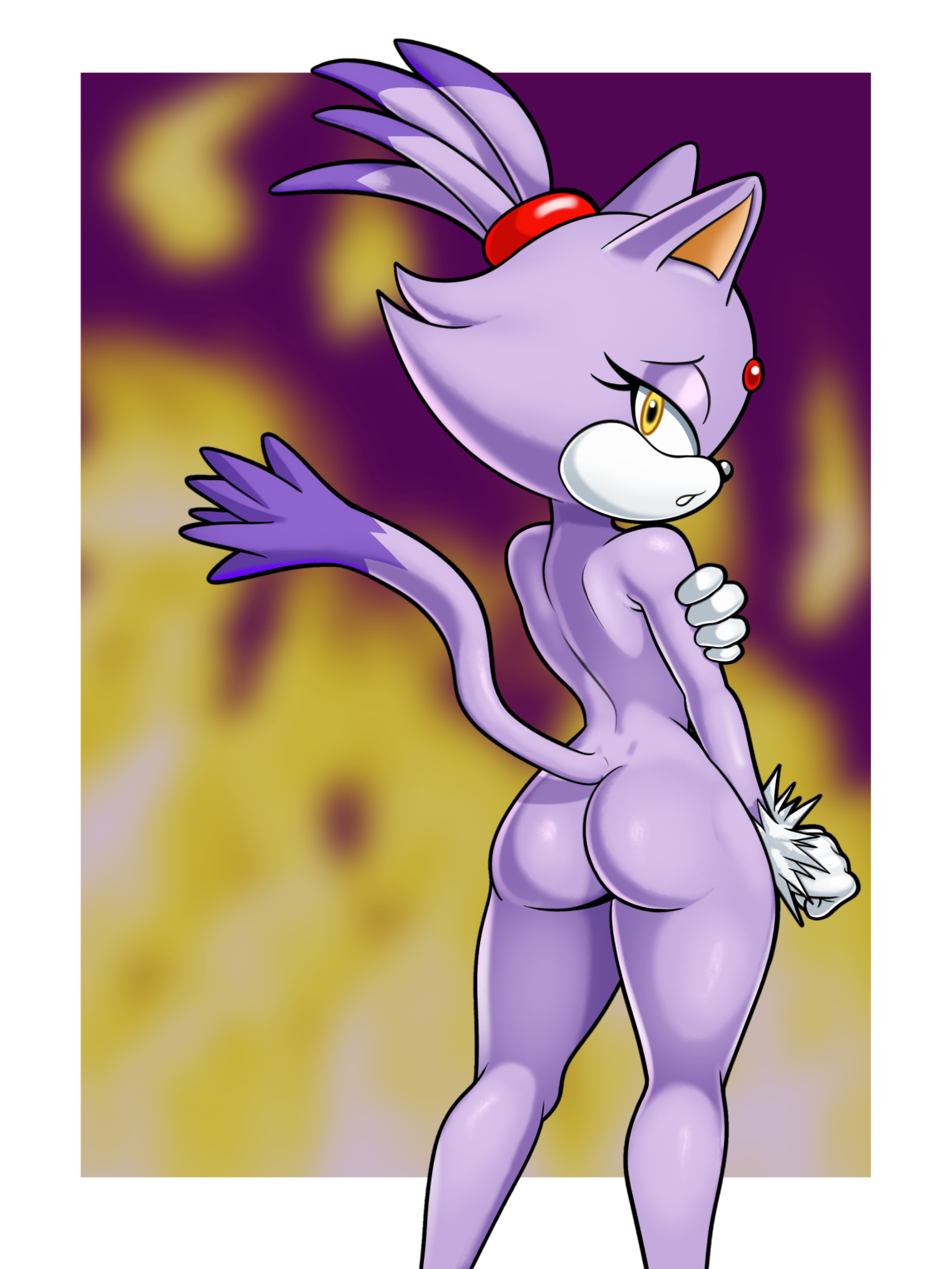 anthro, ass, blaze the cat, clothing, domestic cat, felid, feline, felis, female, fire, gloves, handwear, hi res, looking at viewer, looking back, mammal, nude, png, rear view, sega, sleepiitreat, solo, sonic (series), sonic the hedgehog (series)