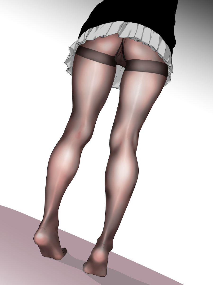 1girls, 2018, ass, clothed, clothed female, female, female only, foot fetish, foot focus, from behind, from below, gradient background, grey background, high resolution, kurokorune, no panties, no panties under pantyhose, original, pantyhose, pussy, pussy visible through clothes, shirt, simple background, skirt, standing, thighs, white background