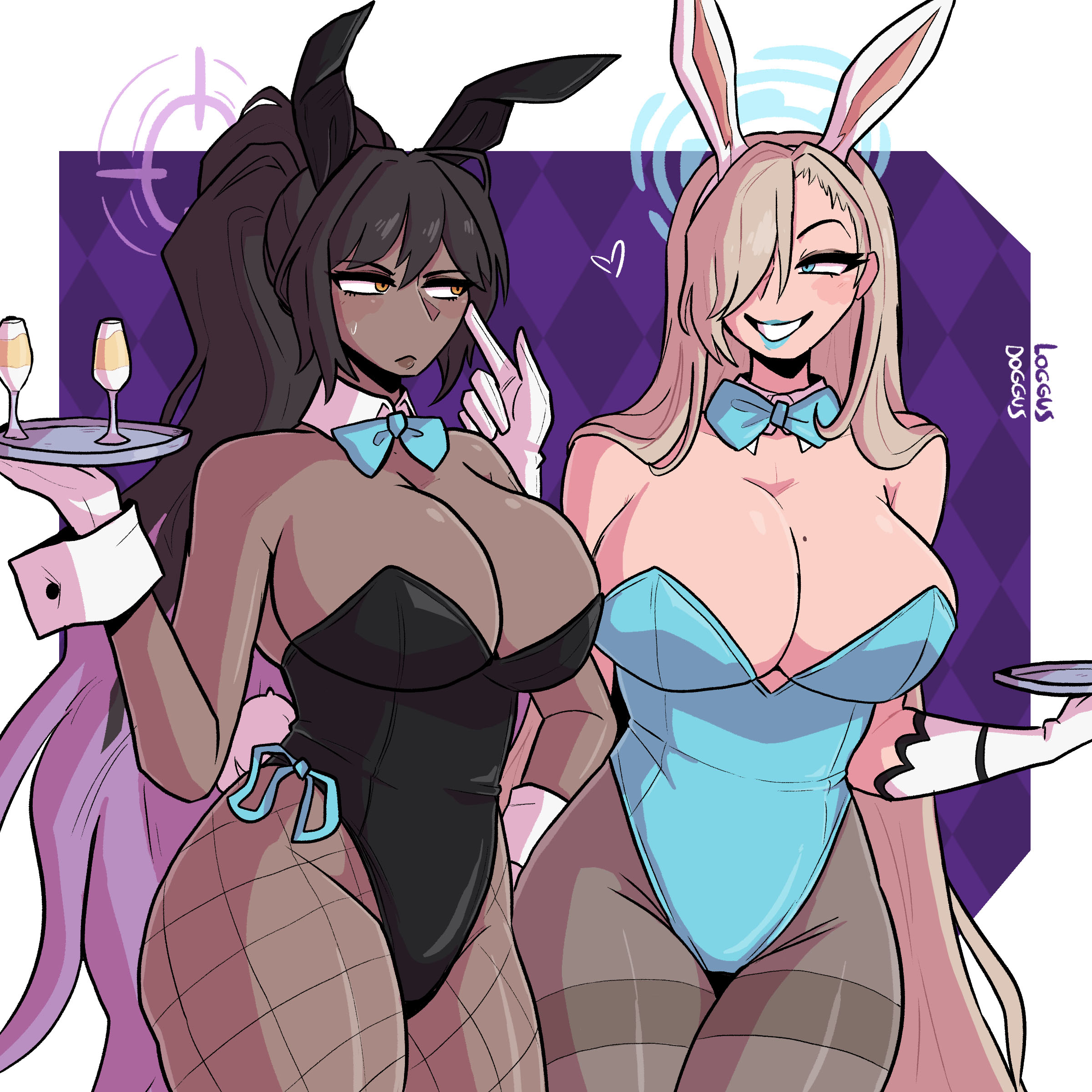 asuna (blue archive), asuna (bunny) (blue archive), beauty mark, blue archive, blush, bunny ears, bunny girl, bunny tail, bunnysuit, female, fishnets, karin (blue archive), karin (bunny) (blue archive), leotard, loggus doggus, pantyhose, teasing