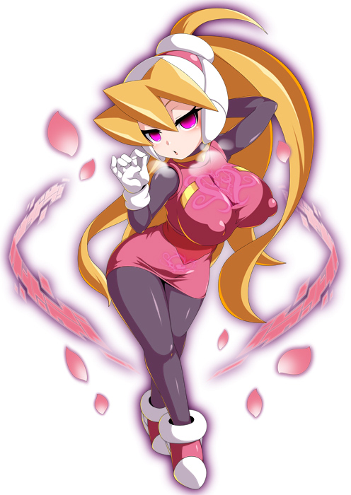 blonde_hair brainwashed breast_tattoo ciel_(mega_man) helmet long_hair mega_man mega_man_zero nipple_bulge pantyhose pink_eyes pubic_tattoo rose_petals semikichi steam suggestive