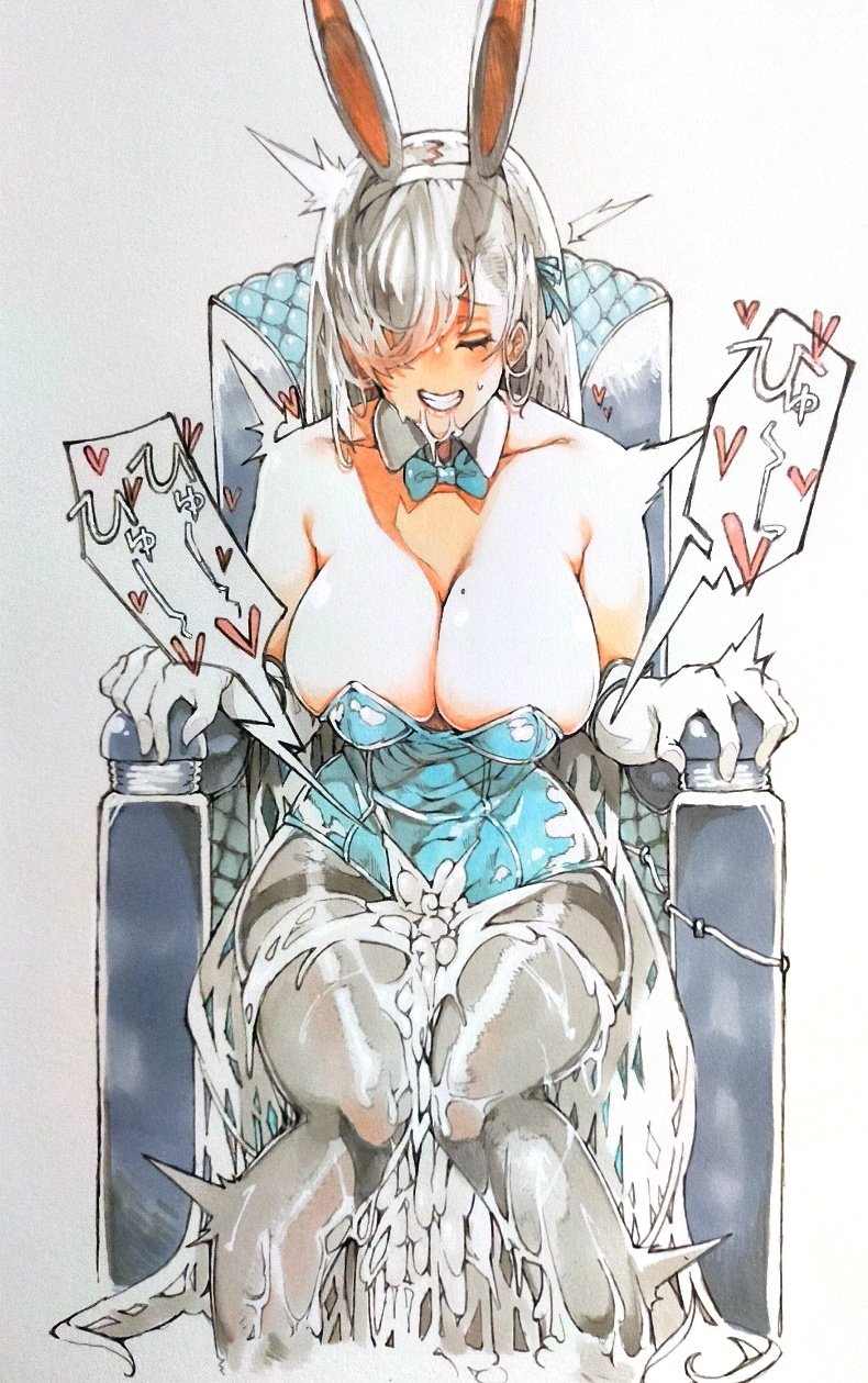 animal_ears aqua_leotard asuna_(blue_archive) asuna_(bunny)_(blue_archive) bangs bare_shoulders blue_archive blue_leotard bow bowtie breasts chair cleaning_&_clearing_(blue_archive) closed_eyes cum cum_pool detached_collar dildo_sitting excessive_cum fake_animal_ears female gloves hair_over_one_eye highres large_breasts leotard long_hair millennium_science_school_student mole mole_on_breast object_insertion pantyhose playboy_bunny rabbit_ears sabusupi sitting solo strapless strapless_leotard traditional_media white_gloves