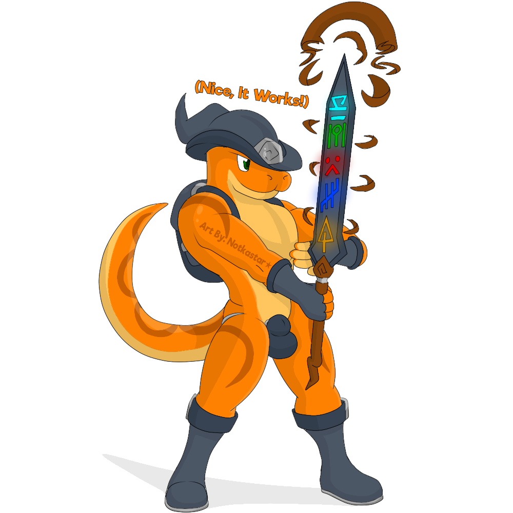 animal_genitalia anthro backpack balls boots brave_fencer_musashi bulge clothing footwear genitals gloves handwear hat headgear headwear jockstrap lizard magic_user male markings medallion melee_weapon metal notkastar reptile scalie sheath signature solo staff sword transformation underwear weapon wizard_hat