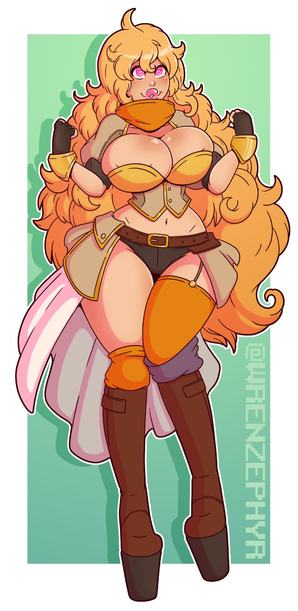 1girls, 2022, ass, bimbo, blonde hair, boots, breasts, eye color change, female, high heel boots, high heels, huge ass, huge breasts, navel, pink eyes, pink lipstick, platform heels, rwby, solo, solo female, solo focus, story at source, thick lips, thick thighs, wide hips, wrenzephyr2, yang xiao long