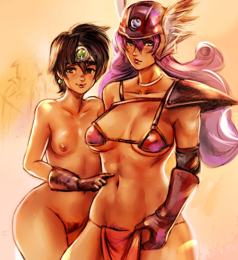 2girls areolae armor bikini_armor black_eyes black_hair black_pubic_hair blue_eyes breasts closed_mouth clothing collarbone cowboy_shot curly_hair dragon_quest dragon_quest_iii earrings elbow_gloves female_pubic_hair flat_chest gloves helmet heroine_(dq3) jewelry lips loincloth long_hair looking_at_viewer mage_(dq3) medium_breasts midriff mrkg_(arsfatuus) multiple_girls navel nipples pauldrons pink_gloves pink_headwear pubic_hair pubic_hair_peek purple_hair purple_pubic_hair pussy roto short_hair shoulder_armor single_bare_shoulder single_pauldron small_breasts smile soldier_(dq3) underboob winged_helmet