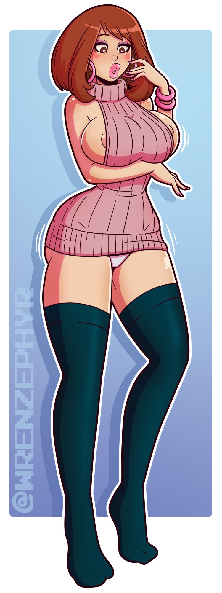 1girls age_progression bimbo bob_cut eyeshadow hoop_earrings large_ass large_breasts lipstick makeup milfification my_hero_academia navel nipple_slip no_shoes ochako_uraraka personality_change solo solo_female solo_focus thick_lips thick_thighs thighhighs virgin_killer_sweater wide_hips wrenzephyr2