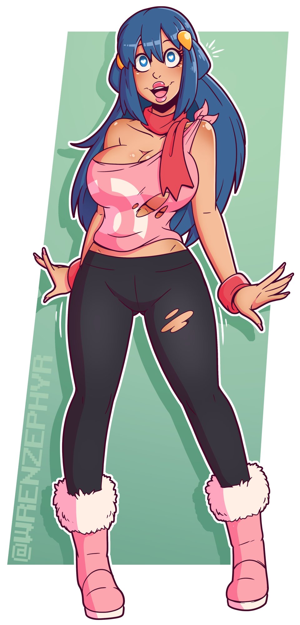 1girls, 5 fingers, alternate breast size, bare shoulders, big breasts, bimbo, blue eyes, boots, breasts, cleavage, clothed, clothes, clothing, dawn (pokemon), eyebrows, eyelashes, female, female only, full body, fully clothed, hair, heart-shaped pupils, hips, human, human only, humanoid, hypnosis, large breasts, lips, long hair, pokemon, ripped clothing, shadow, solo, solo female, solo focus, standing, straight, text, thick, thick lips, thick thighs, thighs, torn clothes, torn clothing, watermark, wide hips, wrenzephyr2