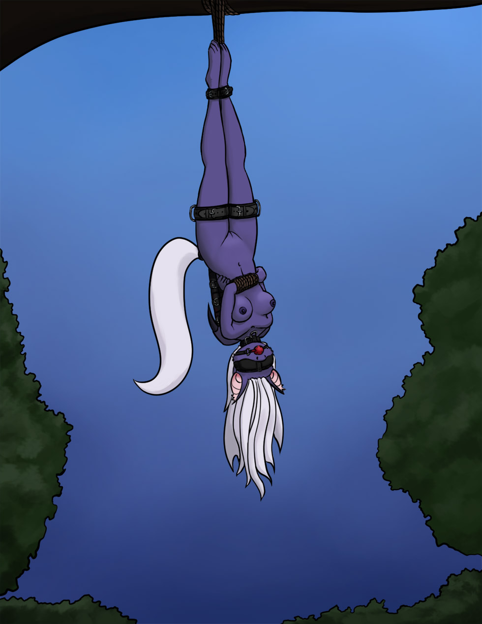 anthro ball_gag bat_pony blindfold bondage bound breasts equid female gag genitals hands_tied hi_res mammal my_little_pony nude plant pussy solo tree upside-down violet_seren warskunk_(artist)