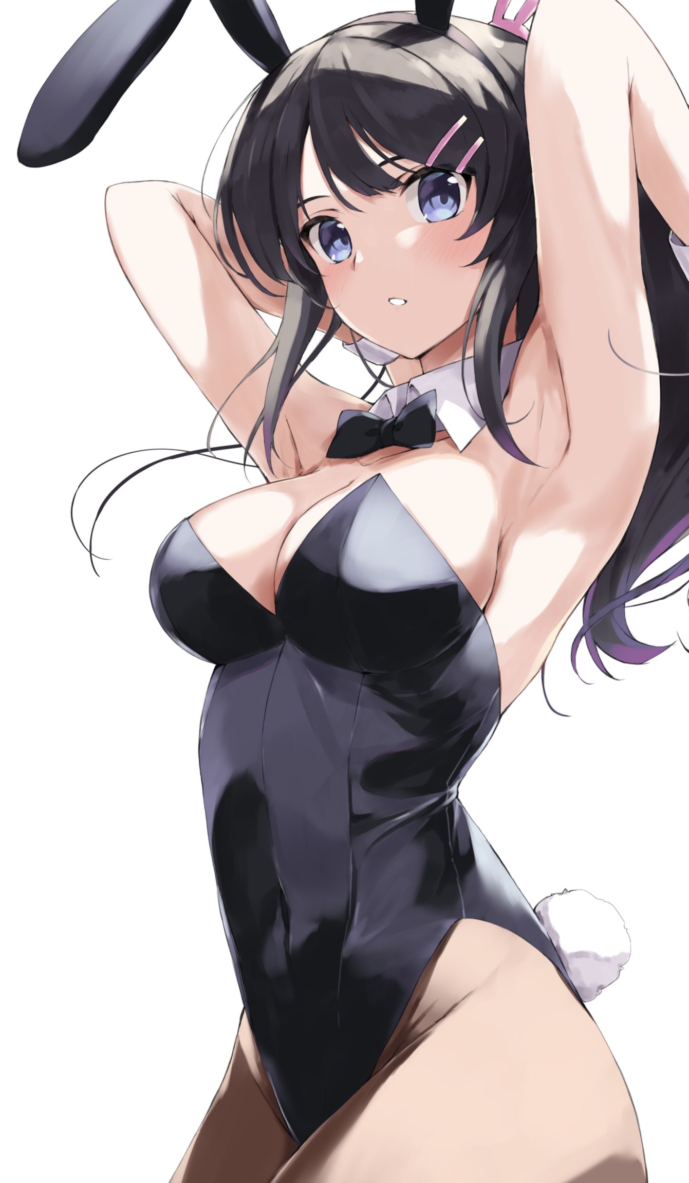 1girls, animal ears, armpits, arms behind head, black hair, black leotard, black neckwear, bow, bowtie, breasts, brown legwear, bunny ears, bunny girl, bunny tail, cleavage, clothing, cowboy shot, detached collar, female, hair ornament, hairclip, high resolution, legwear, leotard, looking at viewer, marie (pixiv31942978), medium breasts, no bra, pantyhose, playboy bunny, purple eyes, sakurajima mai, seishun buta yarou wa bunny girl senpai no yume wo minai, solo, strapless, strapless leotard, tail, wrist cuffs
