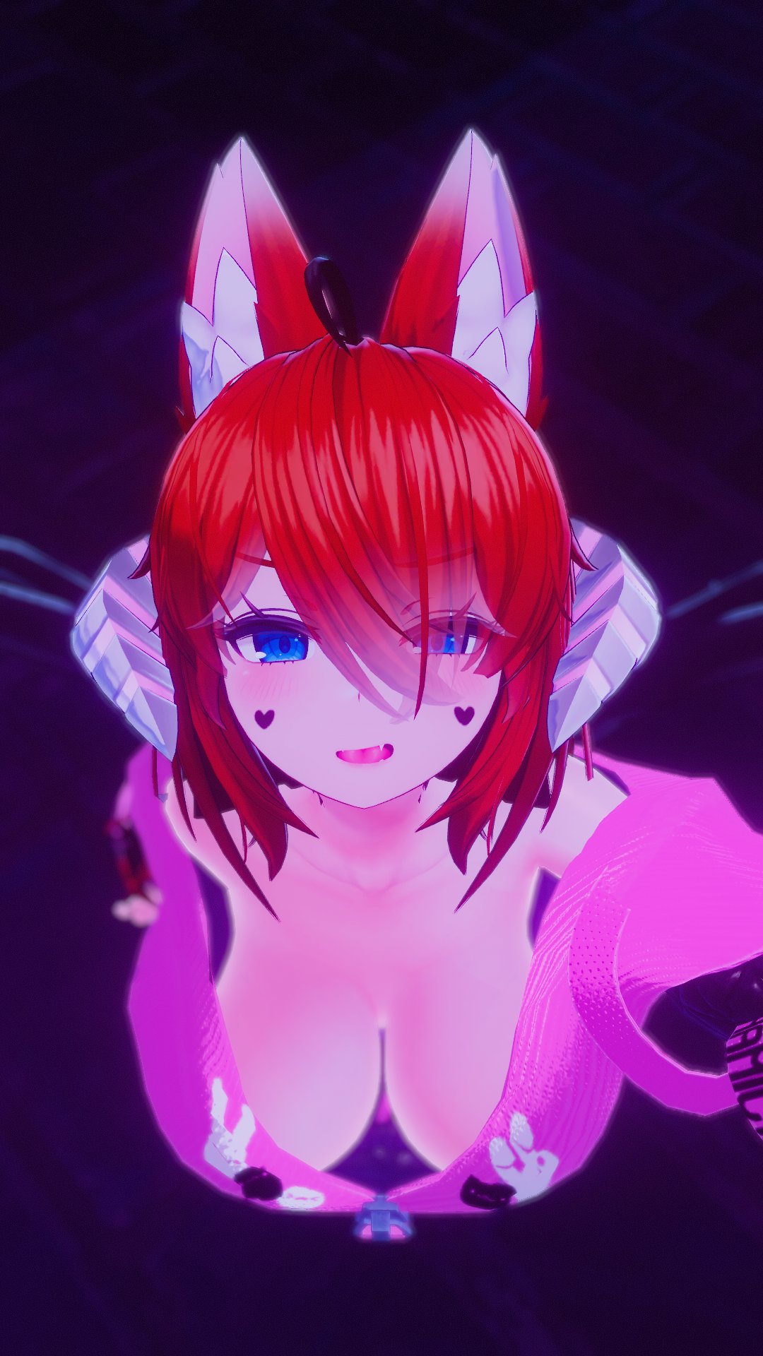 1girls 3d ahoge animal_ears barely_contained blue_eyes blush cleavage eyes_visible_through_hair fangs fox_ears fox_girl ginger_hair glubbable high-angle_view horns huge_breasts large_breasts light-skinned_female light_skin looking_at_viewer looking_up looking_up_at_viewer no_bra smug succubus virtual_youtuber vrchat vrchat_avatar wings