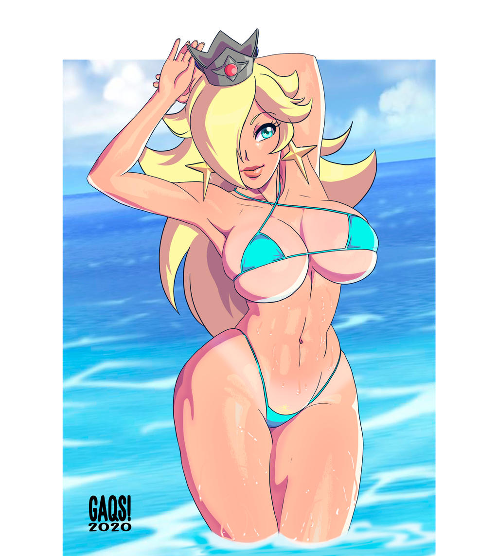 1girls, 2020, armpits, arms behind head, big breasts, bikini, bimbo, blonde hair, blue bikini, breasts, busty, child bearing hips, female, female only, gaqs!, hair over one eye, large breasts, lipstick, long hair, mario (series), navel, nintendo, pose, princess rosalina, solo, swimsuit, tan, thick thighs, thighs, voluptuous, wet, wide hips
