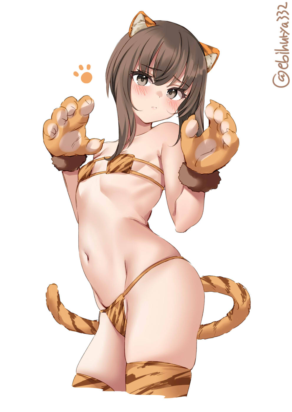 1girls, animal ears, animal print, bangs, blush, bra, breasts, brown eyes, brown hair, closed mouth, clothing, cowboy shot, ebifurya, eyebrows visible through hair, eyepatch bikini, female, flat chest, grey eyes, hands up, highres, kantai collection, long hair, looking at viewer, matching underwear, navel, orange legwear, panties, simple background, solo, taihou (kantai collection), tail, thighhighs, thighs, tiger ears, tiger print, tiger tail, twitter username, underwear, white background