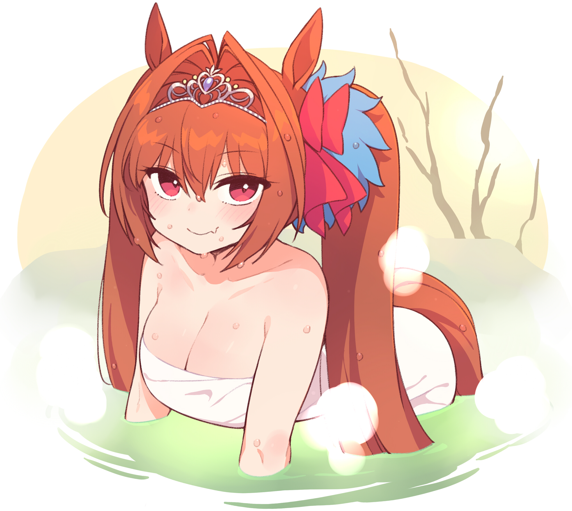 :), 1girls, animal ears, bare shoulders, bathing, bent over, big breasts, blush, bow, breasts, brown hair, chan co, cleavage, collarbone, curvaceous, curvy, cute, cute fang, daiwa scarlet (umamusume), eyebrows visible through hair, female, female only, hair between eyes, hair intakes, hairbow, highres, horse ears, horse girl, horse tail, huge breasts, large breasts, leaning forward, light skin, light-skinned female, long hair, looking at viewer, naked towel, naughty face, oerba yun fang, onsen, partially submerged, red eyes, smile, smug, solo, solo female, steam, tail, tiara, towel, twintails, umamusume, very long hair, voluptuous, water, water drop, wet, wet hair